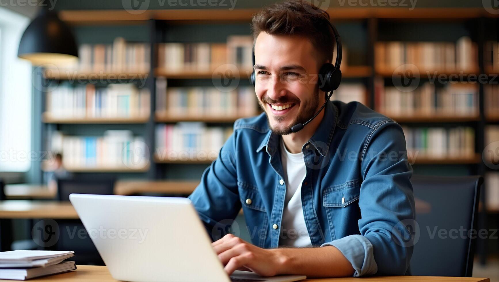 Flat Smiling young man with wireless headset studies e learning on laptop in library taking notes watching webinar online course concept as Young man in library with wireless heads Realistic Set 5 photo