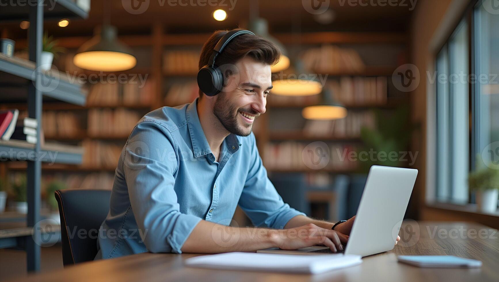 Flat Illustration of a Young Man in Library with Wireless Headset Studying E Learning on Laptop Taking Notes and Attending Online Courses via Webinar Realistic Set photo