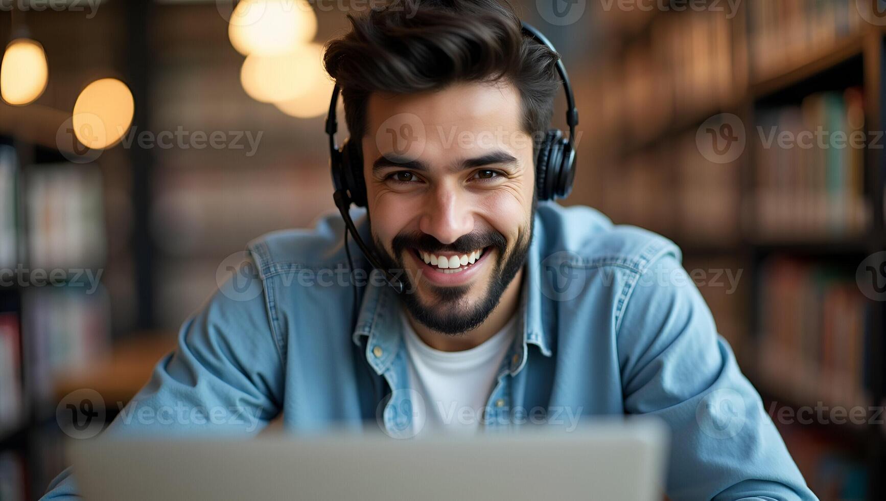 Flat Smiling young man with wireless headset studies e learning on laptop in library taking notes watching webinar online course concept as Young man in library with wireless heads Realistic Set 4 photo