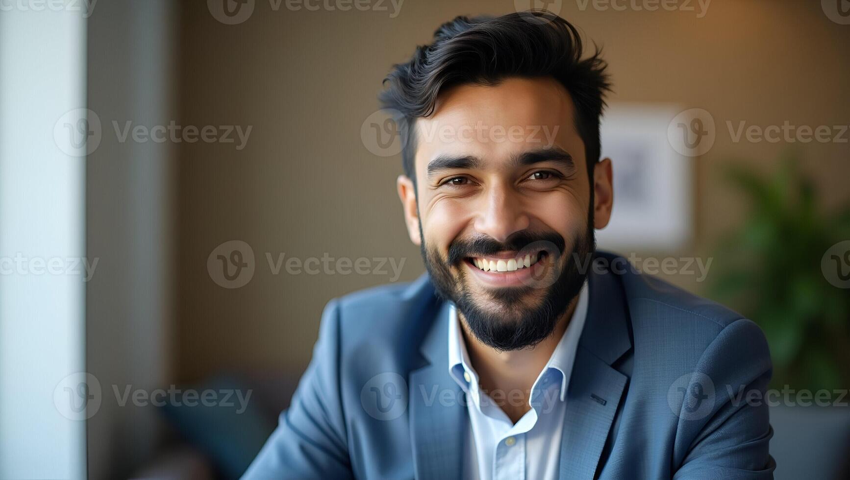 Flat Young happy Indian business executive smiles while looking at camera posing in office as professional teacher ethnic bearded entrepreneur or manager close up face headshot por Realistic Set 2 photo