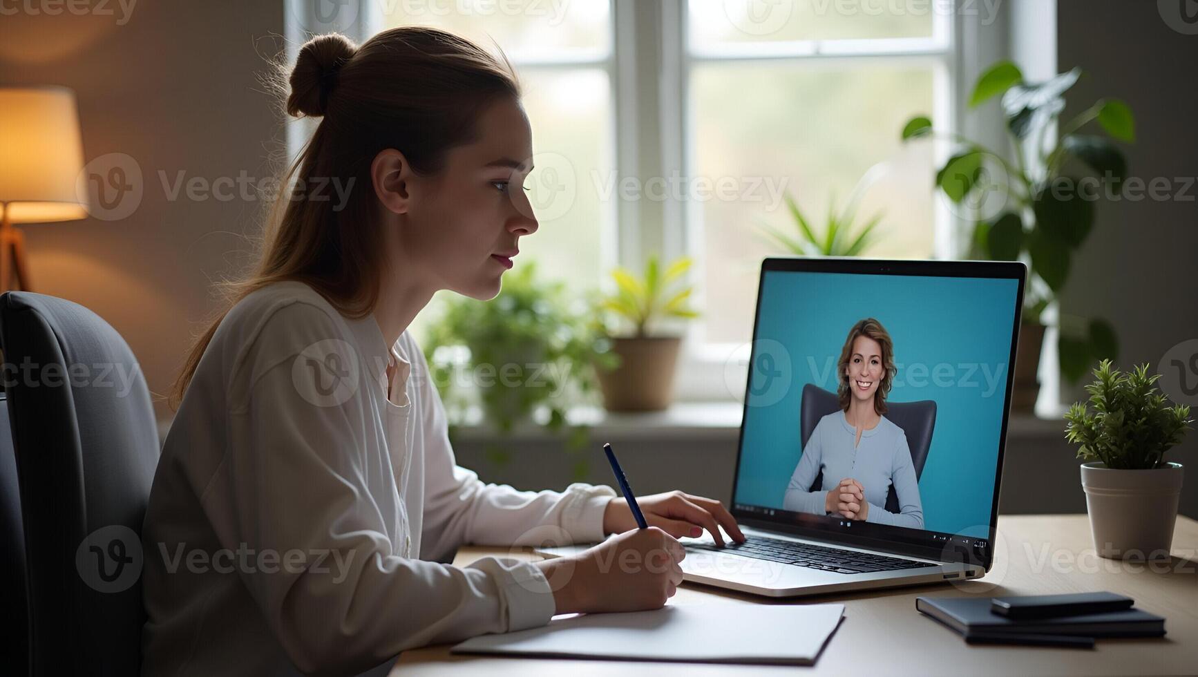 Flat Young Female Student Engaged in E Learning Using Laptop for Remote Work Attending Webinars and Taking Notes in a Home Office Setting Cute Illustration Realistic Set photo