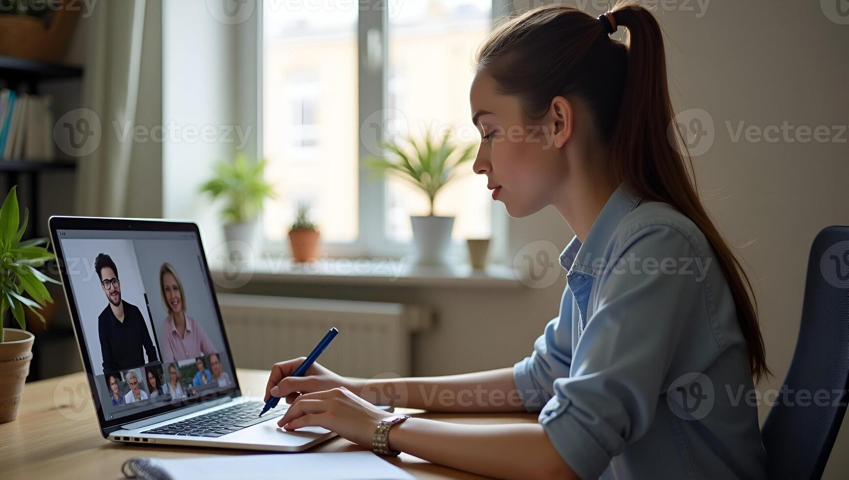 Flat Young female student uses laptop for e learning or remote work at home office watches webinar learns training studies online seminar or call meeting writes notes at desk Realistic Set 2 photo