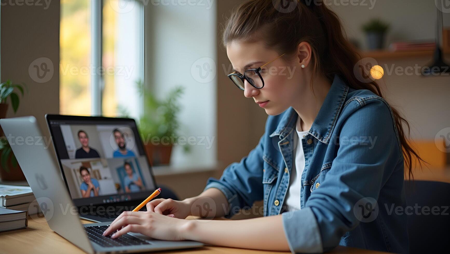 Flat Young female student uses laptop for e learning or remote work at home office watches webinar learns training studies online seminar or call meeting writes notes at desk Realistic Set 4 photo
