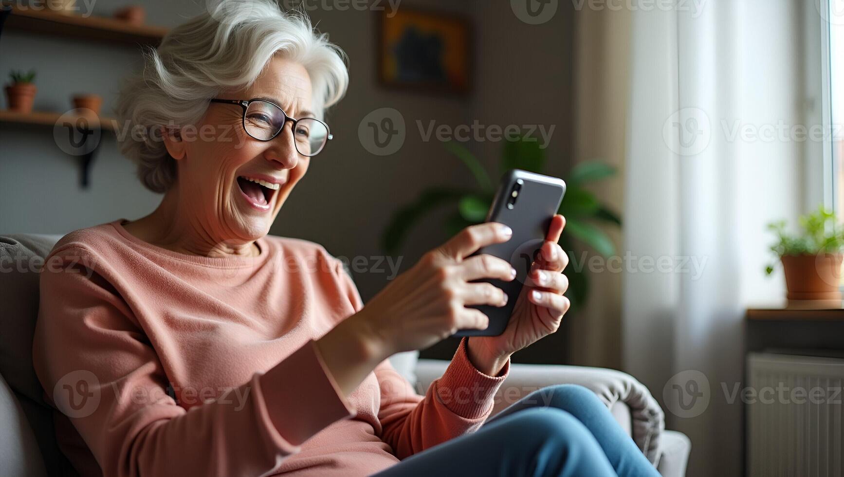 Flat Happy mature old 60s woman holding smartphone using mobile phone app for call laughing while watching funny feeling excited winning online lottery bid on cellphone Realistic Set photo
