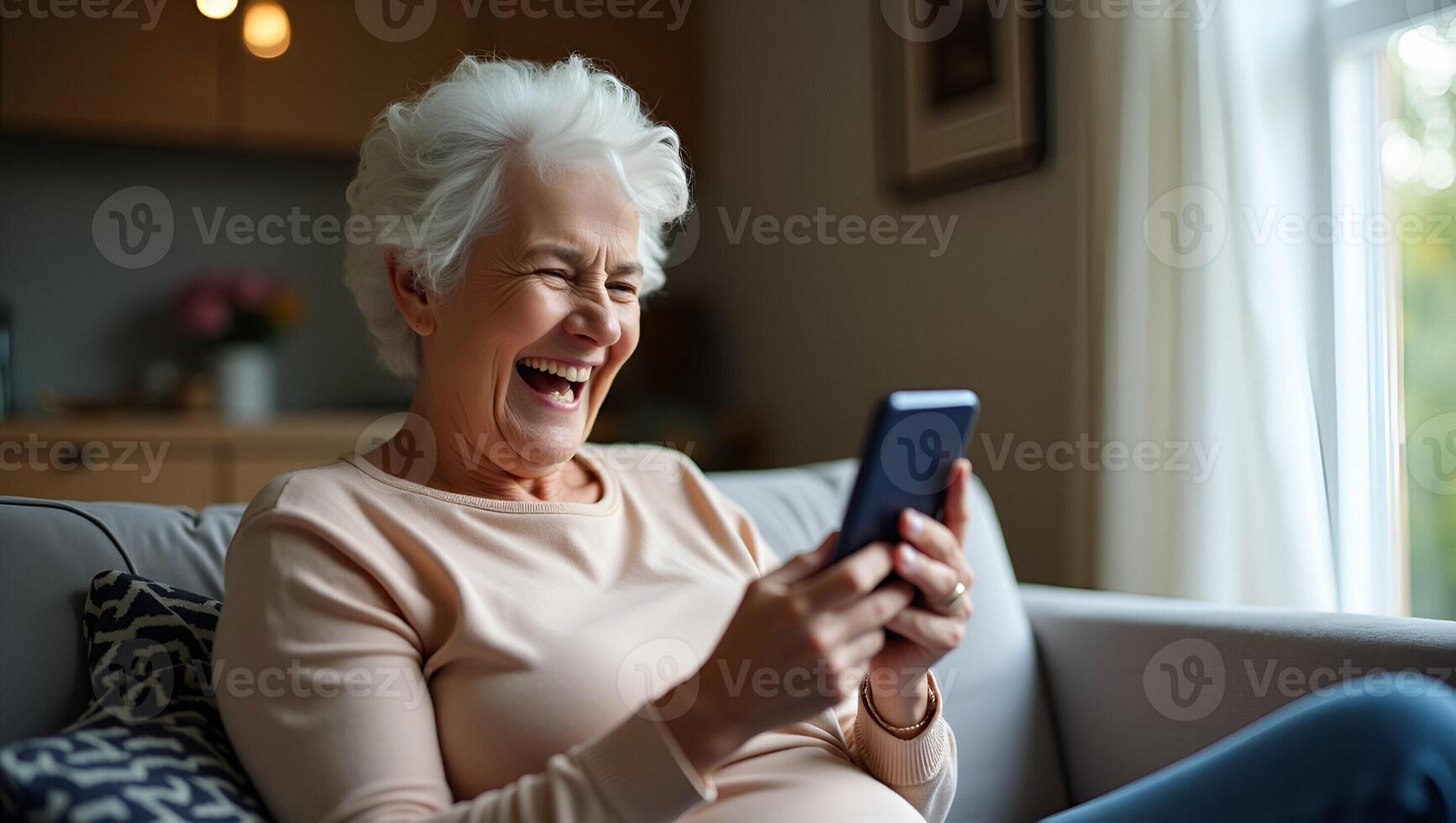 Flat Happy mature old 60s woman holding smartphone using mobile phone app for call laughing while watching funny feeling excited winning online lottery bid on cellphone Realistic Set 3 photo