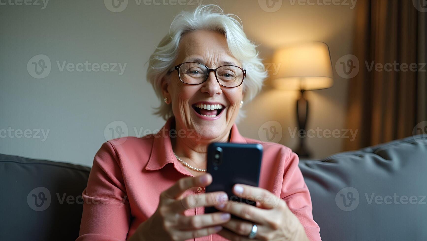 Flat Happy mature old 60s woman holding smartphone using mobile phone app for call laughing while watching funny feeling excited winning online lottery bid on cellphone Realistic Set 2 photo
