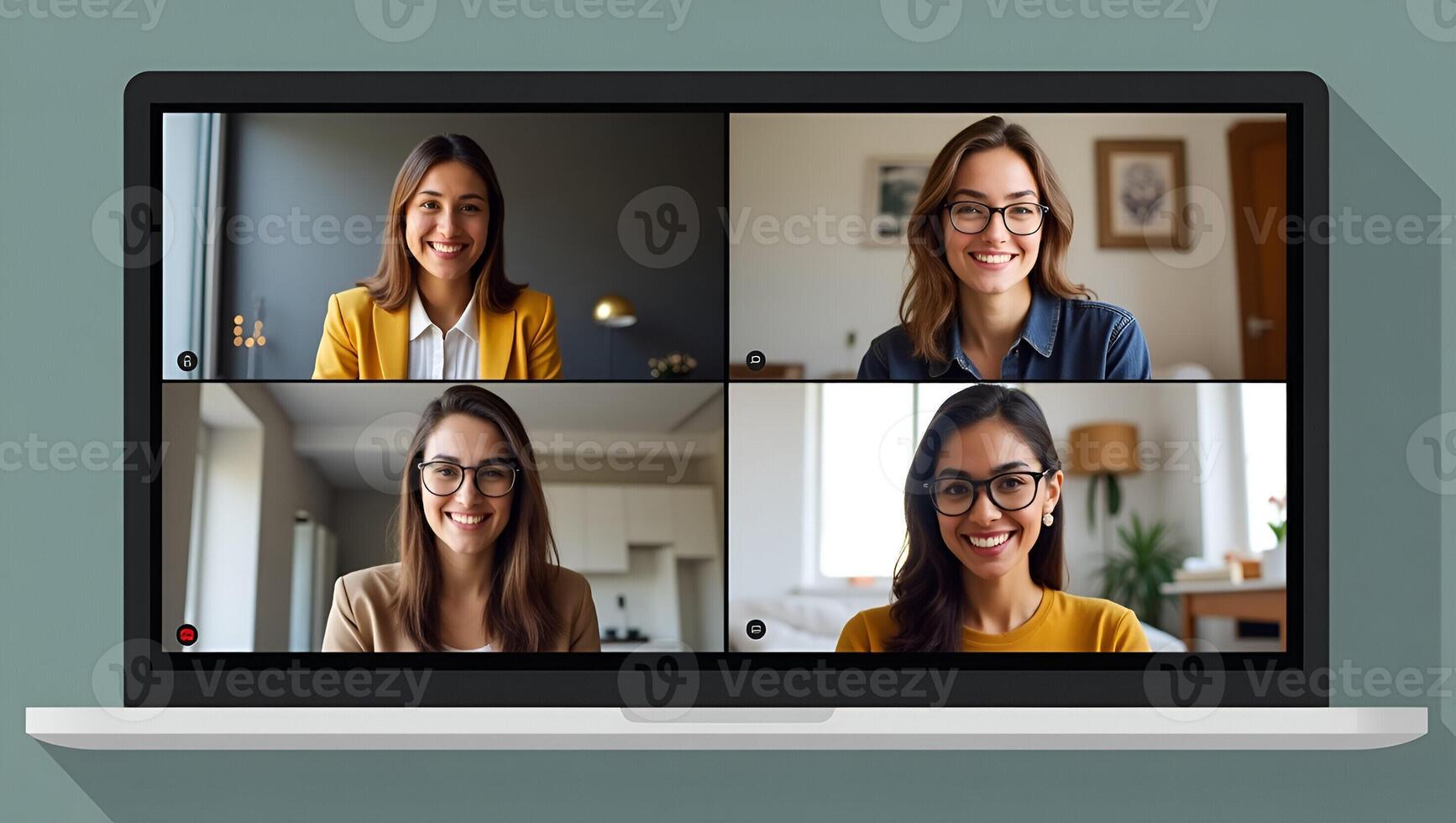Flat Four happy multicultural diverse friends young women talk during online virtual chat call in group conference practicing social distance virtual meeting via computer vid Realistic Set 3 photo