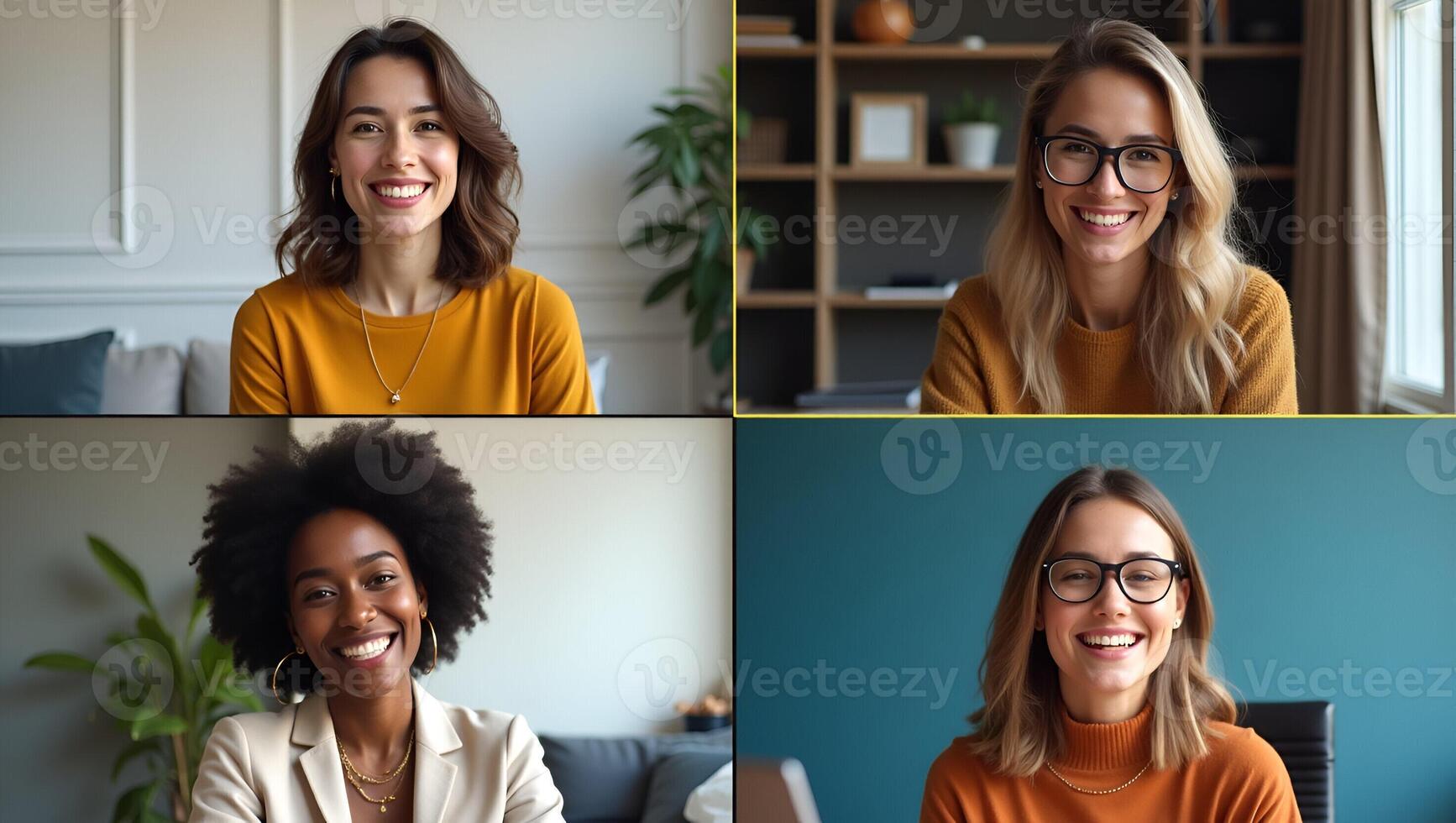 Flat Four happy multicultural diverse friends young women talk during online virtual chat call in group conference practicing social distance virtual meeting via computer vid Realistic Set 2 photo
