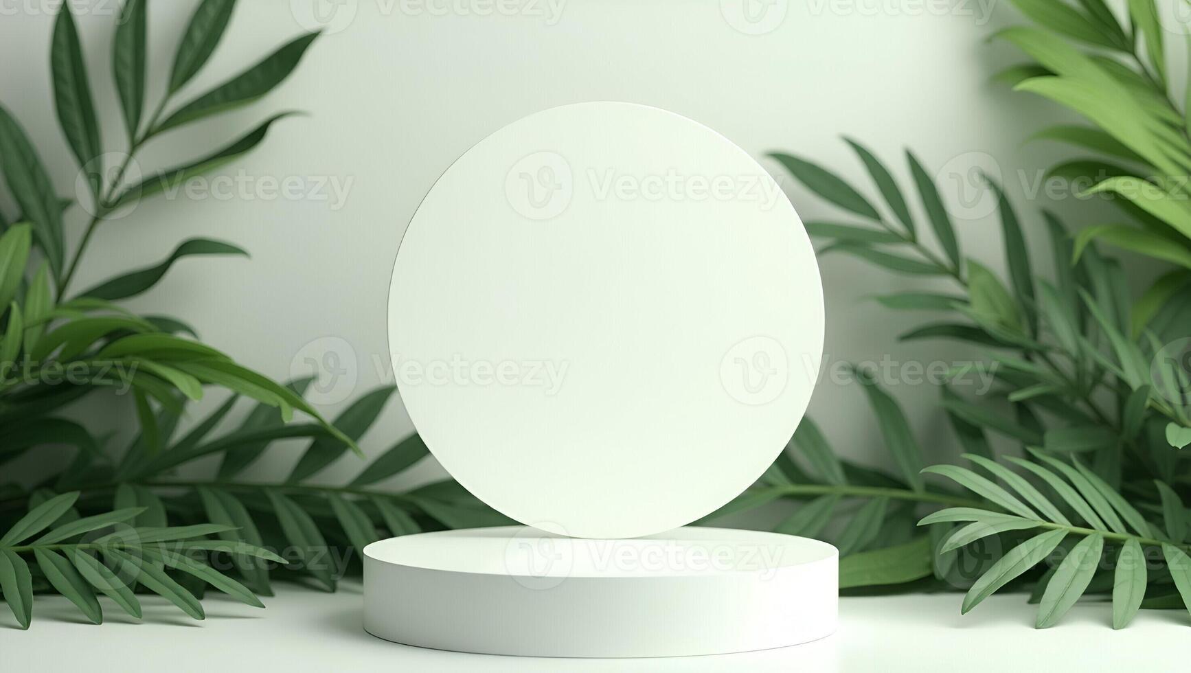 Trendy White Round Podium Mockup for Natural Organic Cosmetic Products on Eco Friendly Green Forest Background Minimalist Flat Lay with Fresh Leaves and Space for Branding Realistic Set photo