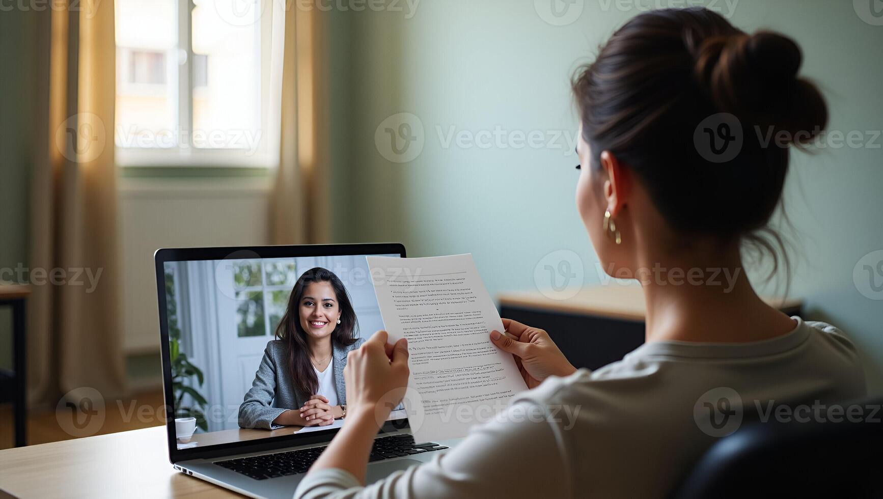 Indian HR manager holding CV conducting virtual job interview with remote female candidate via call on laptop representing online recruitment process concept as Indian HR ma Realistic Set 6 photo