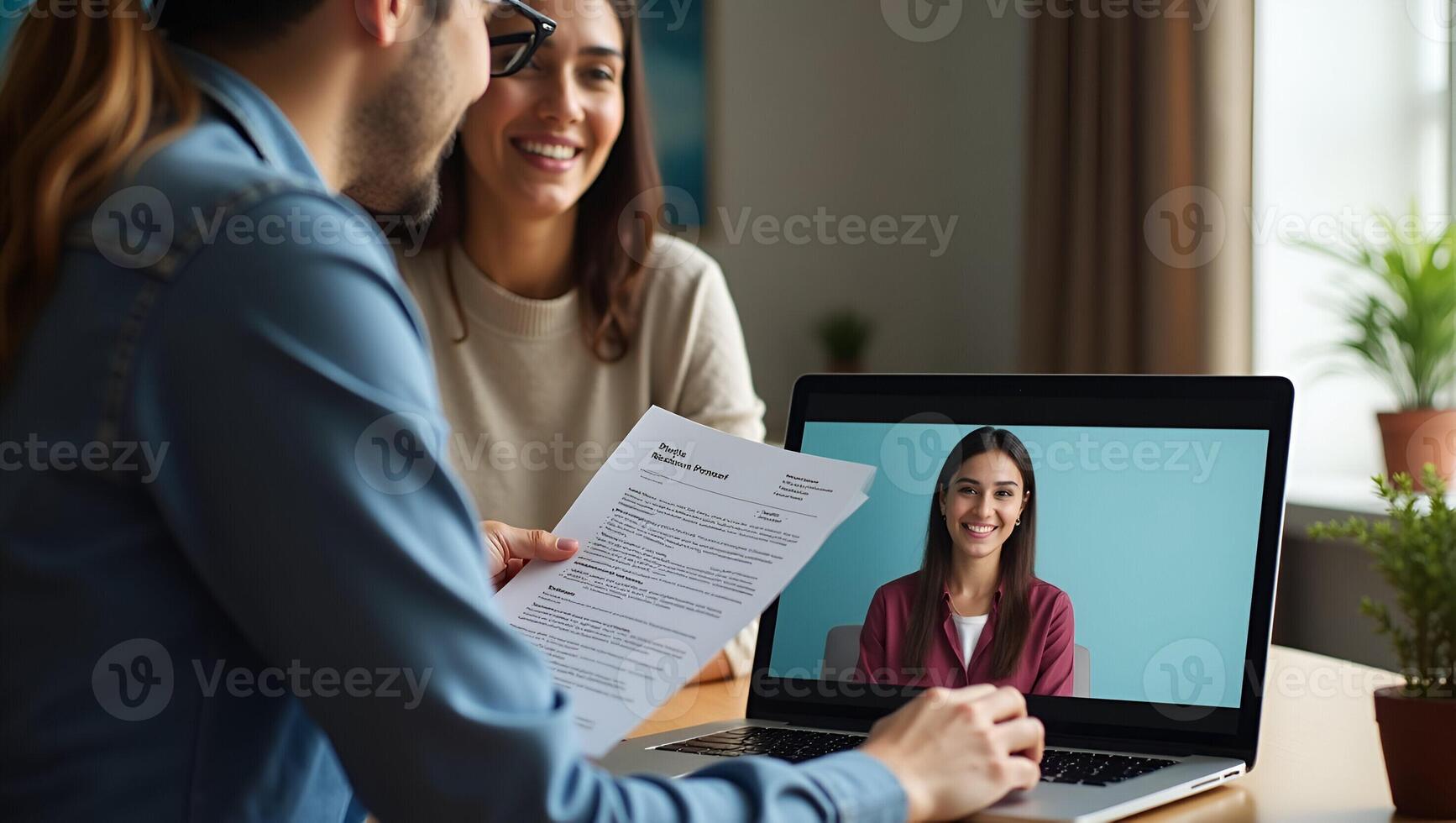 Indian HR manager holding CV conducting virtual job interview with remote female candidate via call on laptop representing online recruitment process concept as Indian HR ma Realistic Set 3 photo