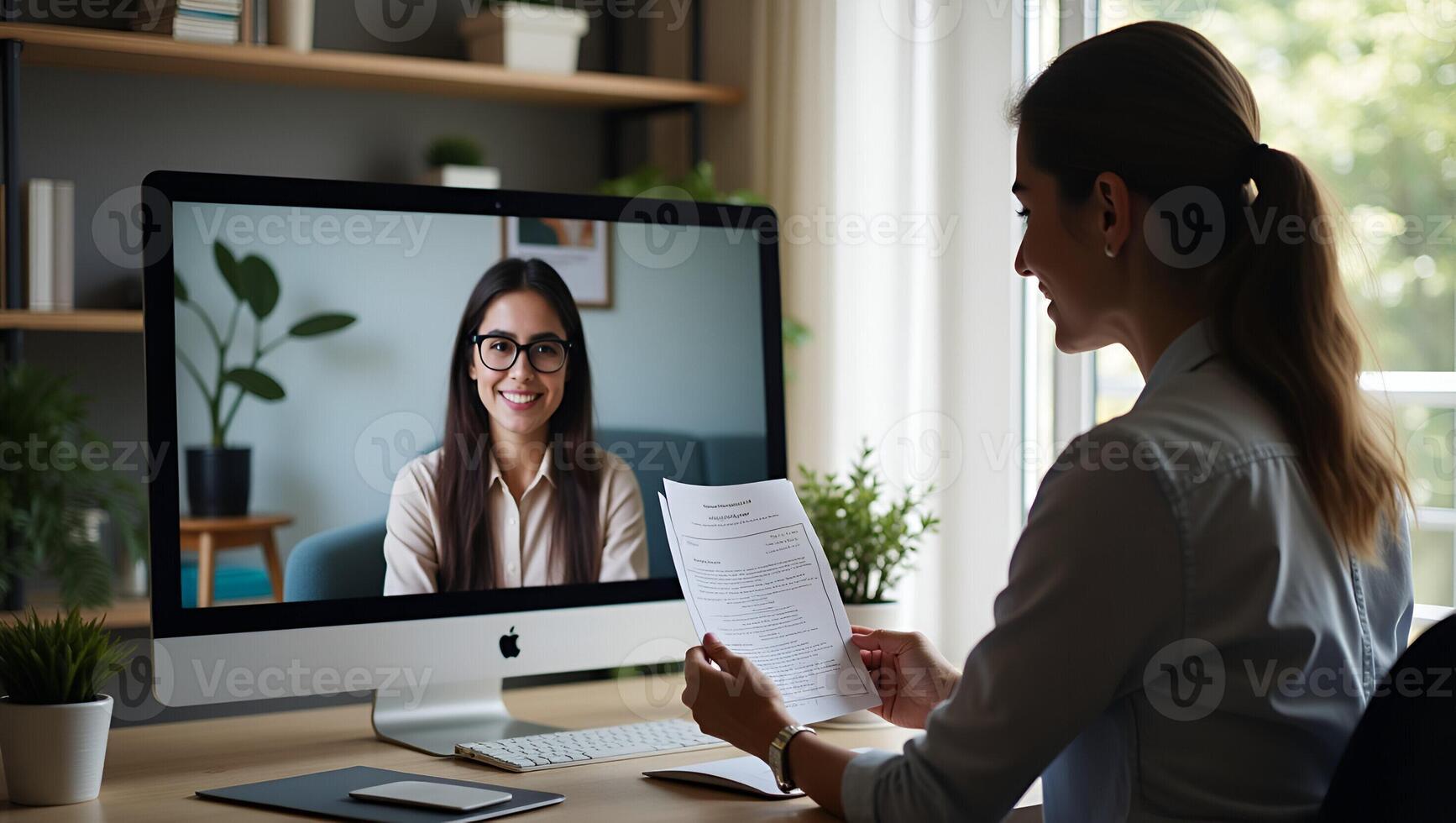 Indian HR manager holding CV conducting virtual job interview with remote female candidate via call on laptop representing online recruitment process concept as Indian HR ma Realistic Set 4 photo