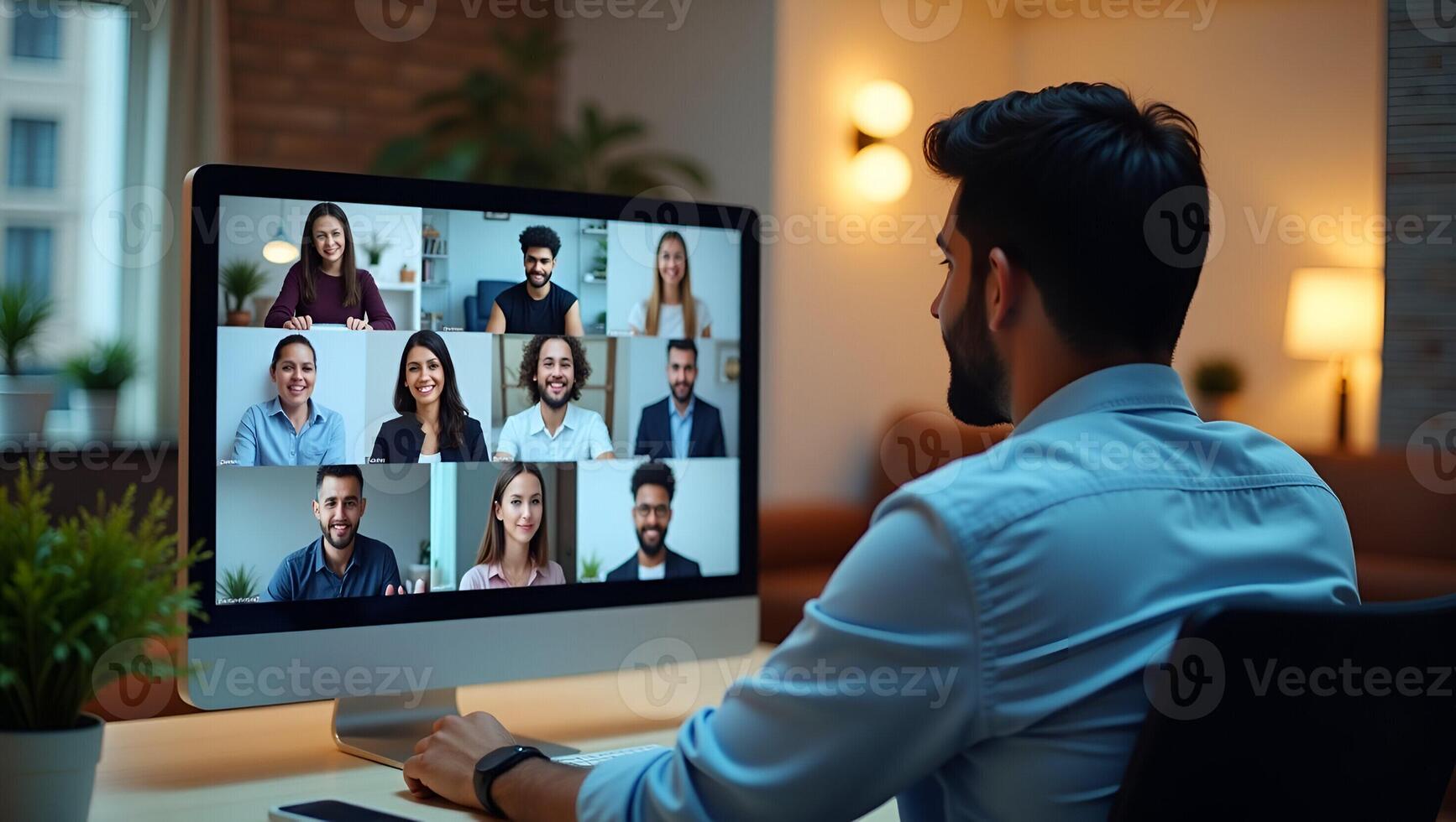 Latin Indian businessman leading virtual team meeting via group call interacting with diverse customer support team and employees on computer in over the shoulder view conce Realistic Set 4 photo