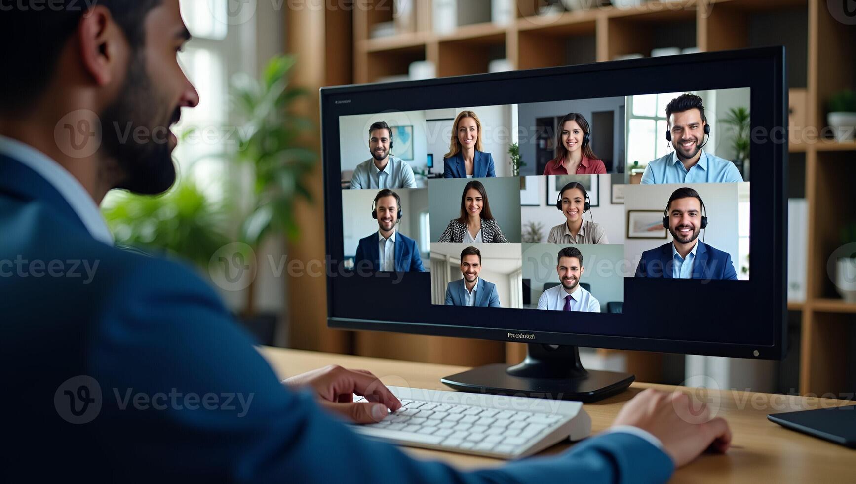 Latin Indian Businessman Leading Virtual Team Meeting Engaging Diverse Customer Support Team via Group Call in Over the Shoulder View Stock Photo Concept with Empty Space Realistic Set 2
