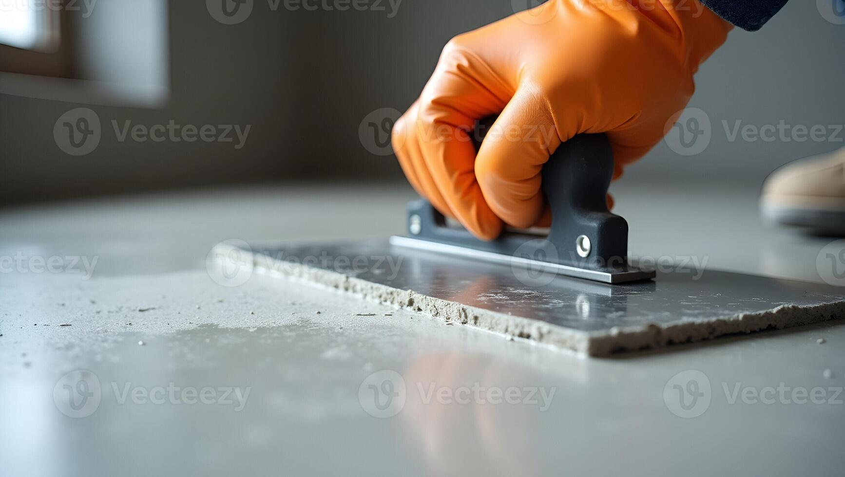 Close Up Action Shot of Worker in Orange Gloves Smoothing Concrete Floor with Trowel During Construction Perfect for Stock Photo Concepts with Empty Space Realistic Set