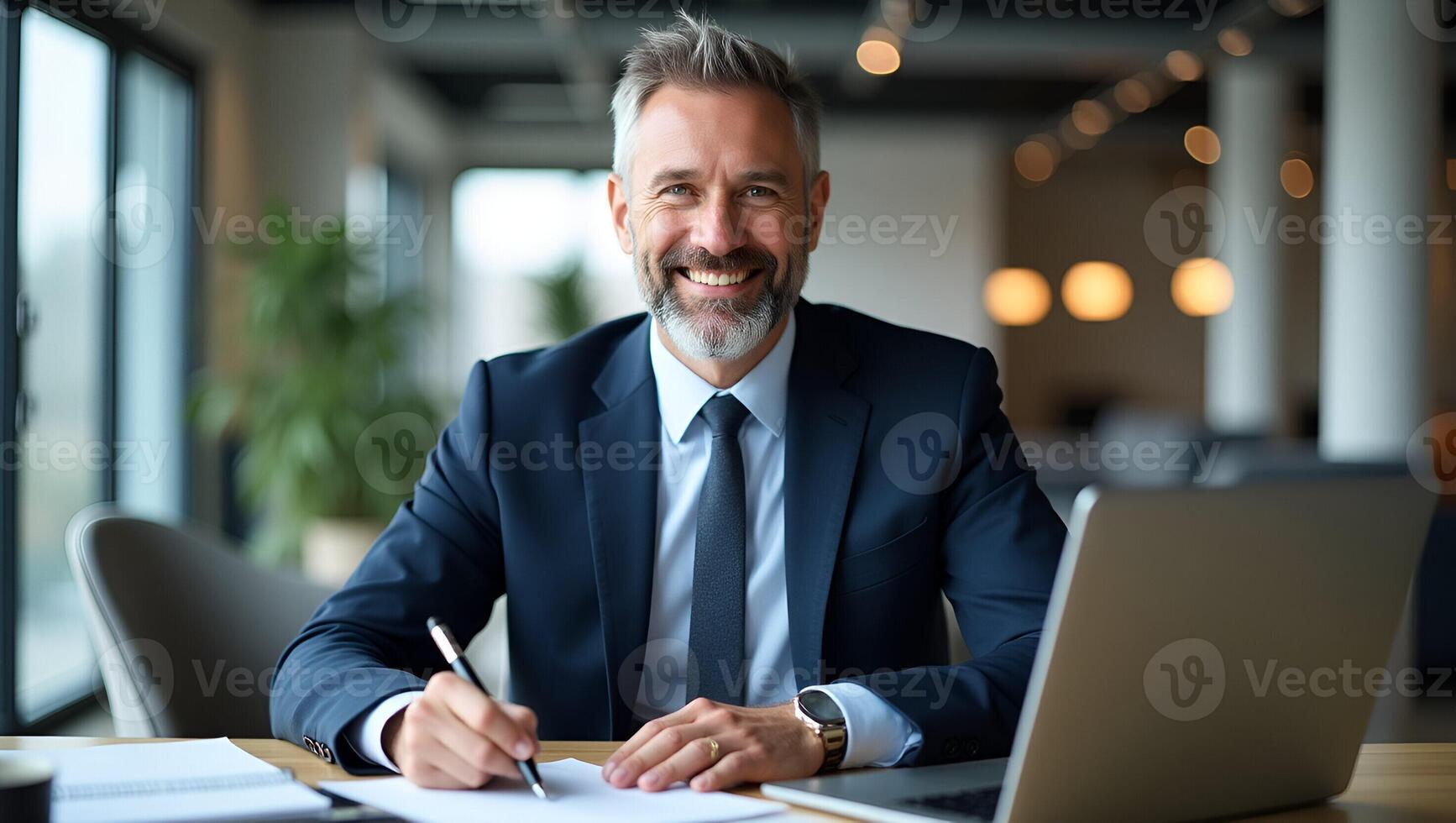 Middle aged smiling professional businessman and CEO wearing suit sitting at desk in modern office working on laptop and writing notes with copy space for text concept as Middle a Realistic Set 4 photo