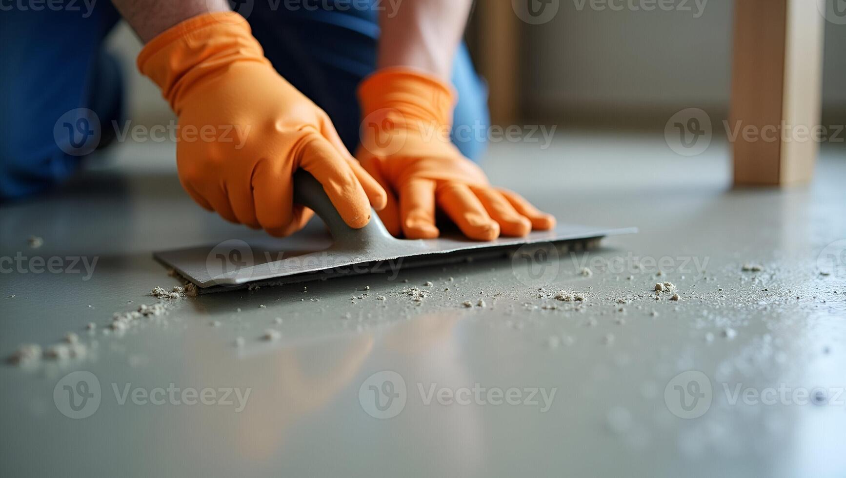 Close up action shot of worker wearing orange gloves smoothing concrete floor with trowel during construction concept as Close up action shot of a worker wearing orange gloves smo Realistic Set photo