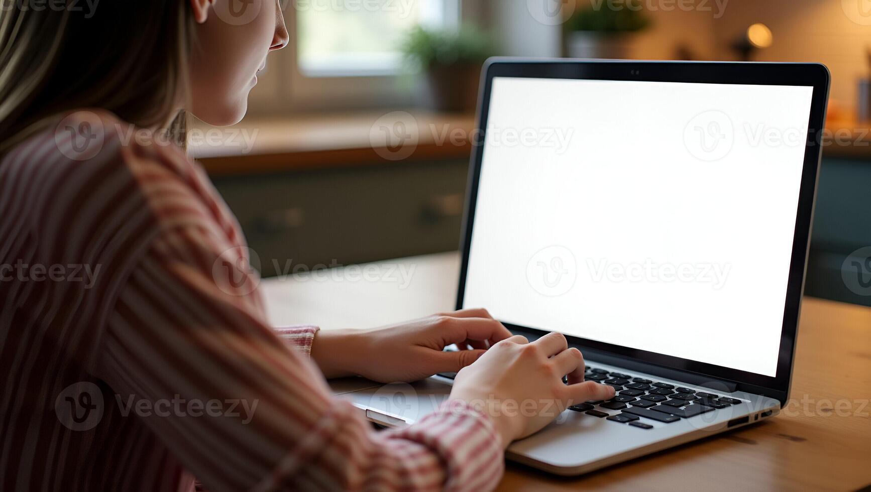 Flat Hipster teen girl student sitting at kitchen table using laptop computer touchpad mock up white blank monitor screen learning online on modern notebook working from home offic Realistic Set 4 photo