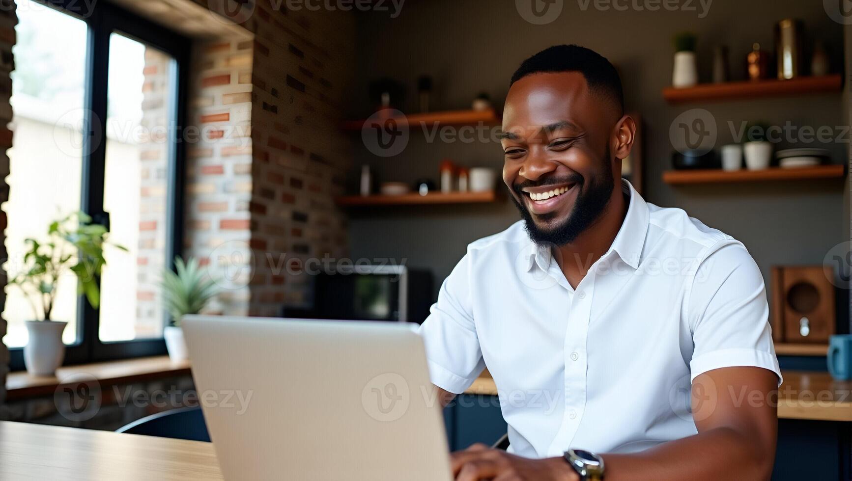 Professional Black Businessman Working from Home Happy African Customer Making E commerce Orders on Laptop at Kitchen Table Cute Illustration of Smart Business Concept Realistic Set photo