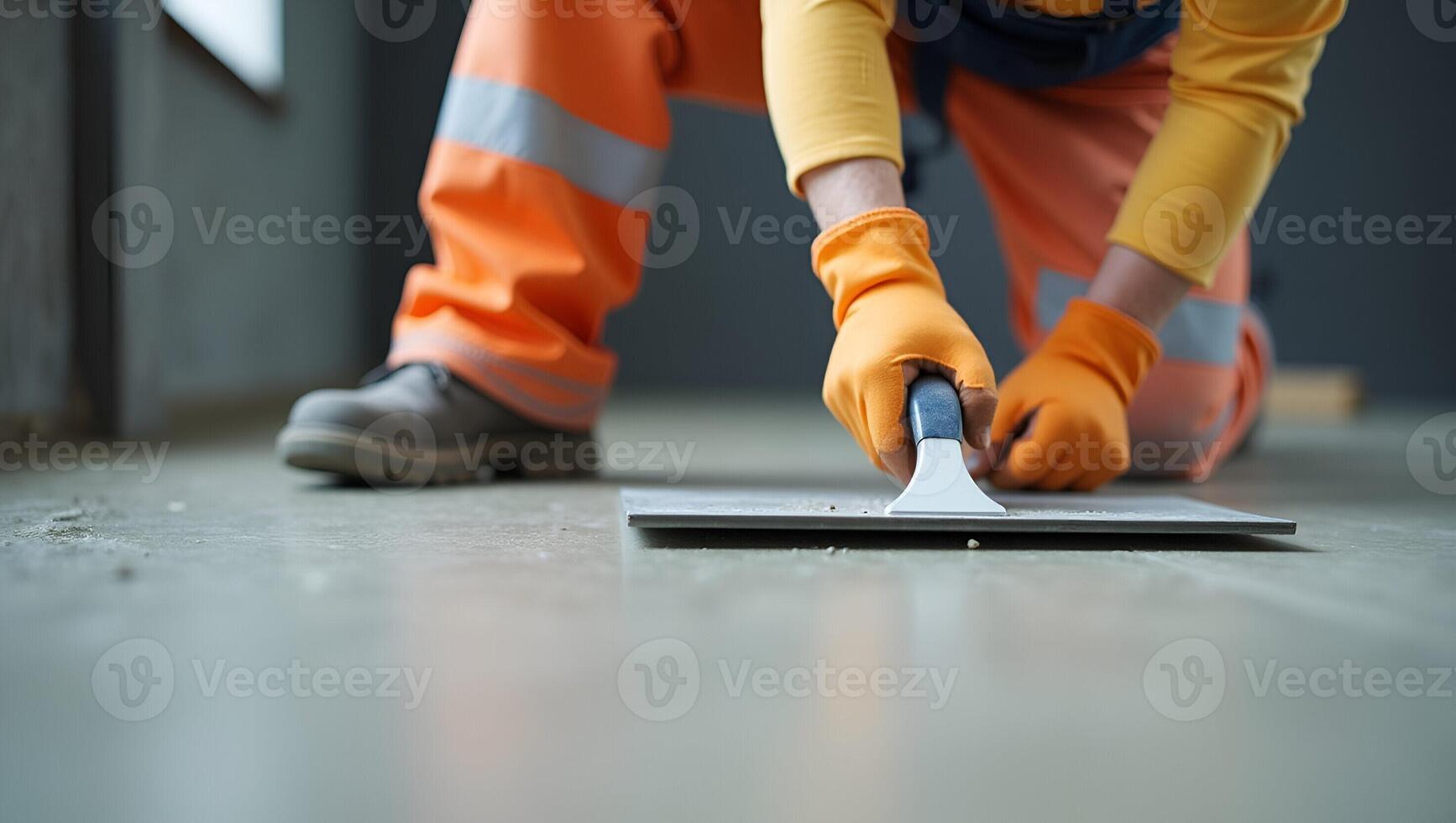 Close up action shot of worker wearing orange gloves smoothing concrete floor with trowel during construction concept as Close up action shot of a worker wearing orange gloves smo Realistic Set 5 photo