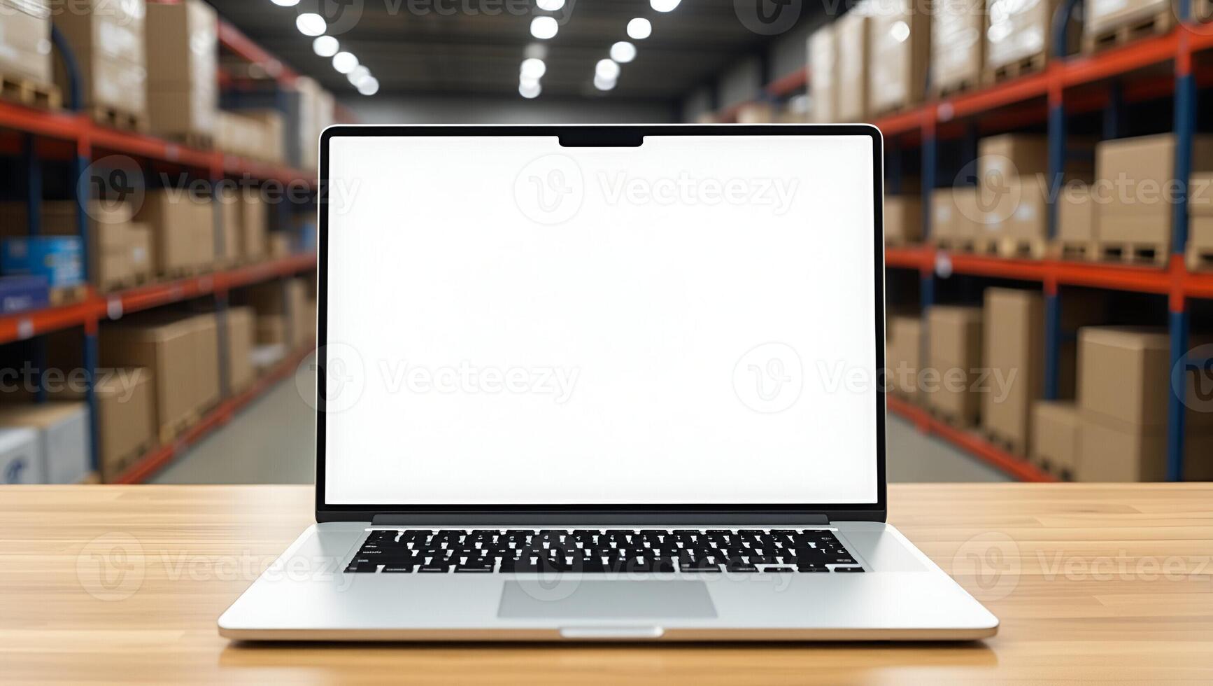 Flat Online ecommerce store mockup for dropshipping business website featuring table with laptop showing blank white screen and shipping boxes set against retail marketplace and wa Realistic Set 3 photo