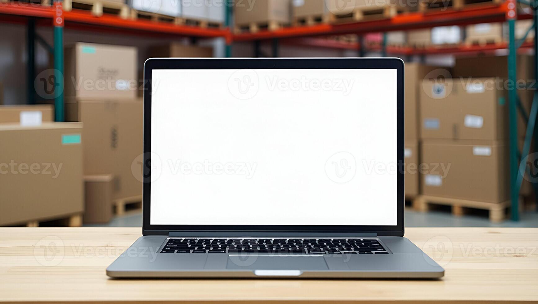 Flat Online ecommerce store mockup for dropshipping business website featuring table with laptop showing blank white screen and shipping boxes set against retail marketplace and wa Realistic Set 2 photo