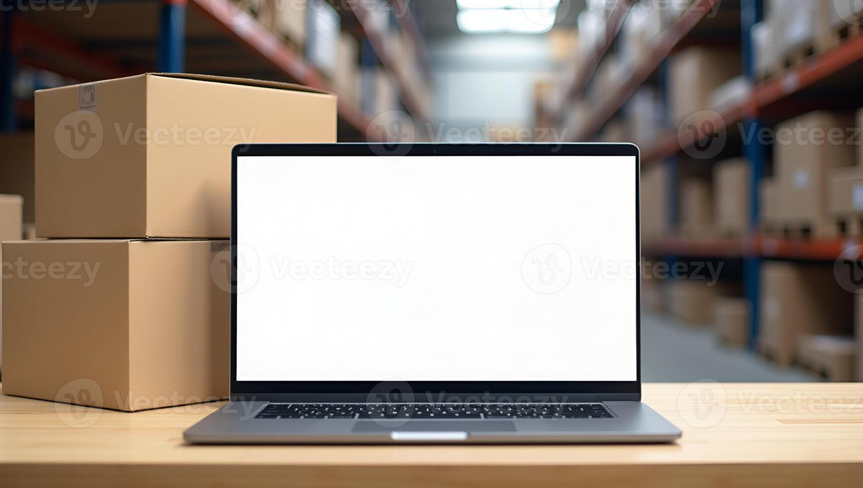Flat Online ecommerce store mockup for dropshipping business website featuring table with laptop showing blank white screen and shipping boxes set against retail marketplace and wa Realistic Set 4 photo