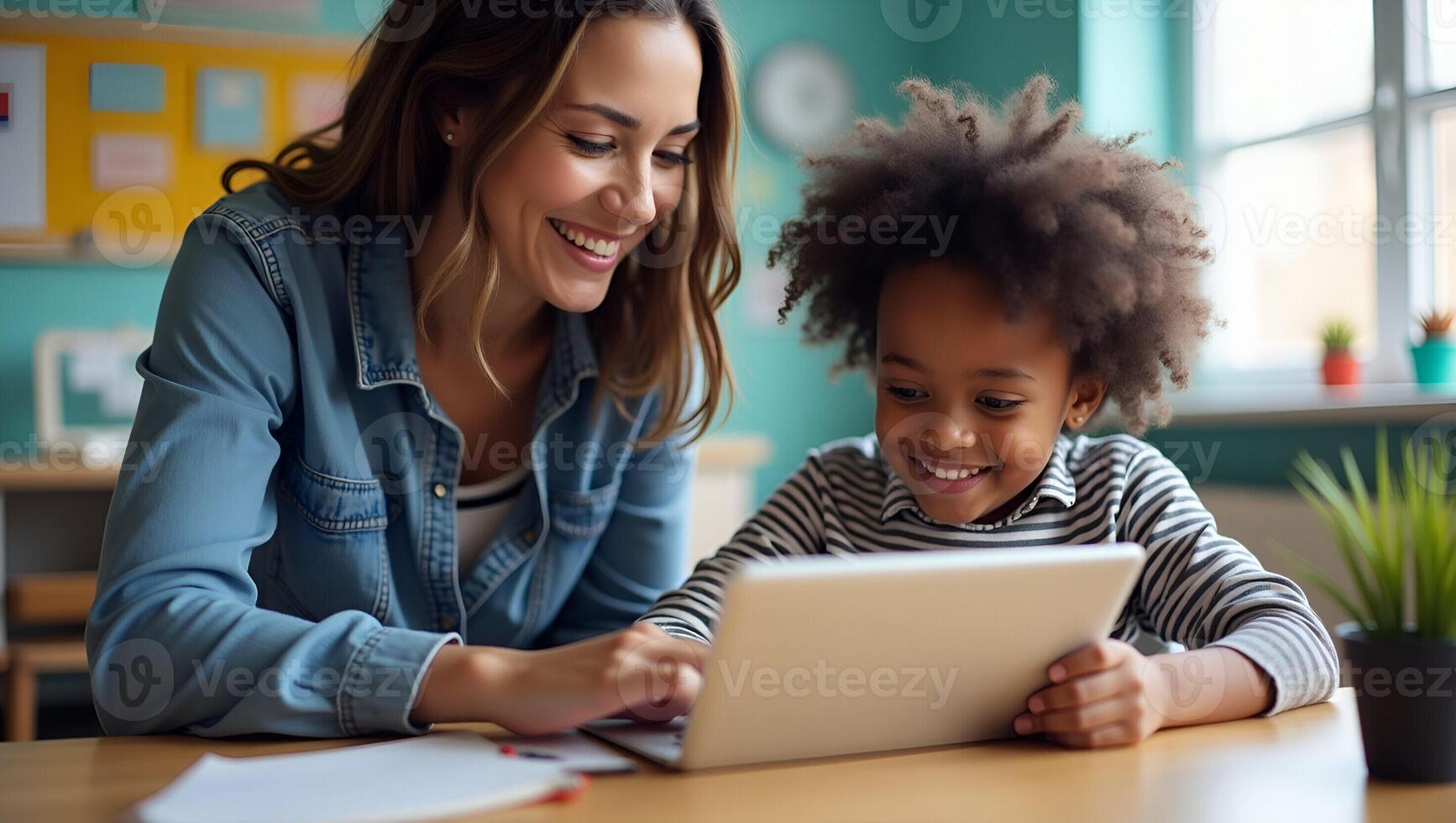 Experienced Female Teacher Assisting African American Elementary Student with Digital Tablet in Classroom Flat Cute Illustration for Educational Programs Realistic Set photo