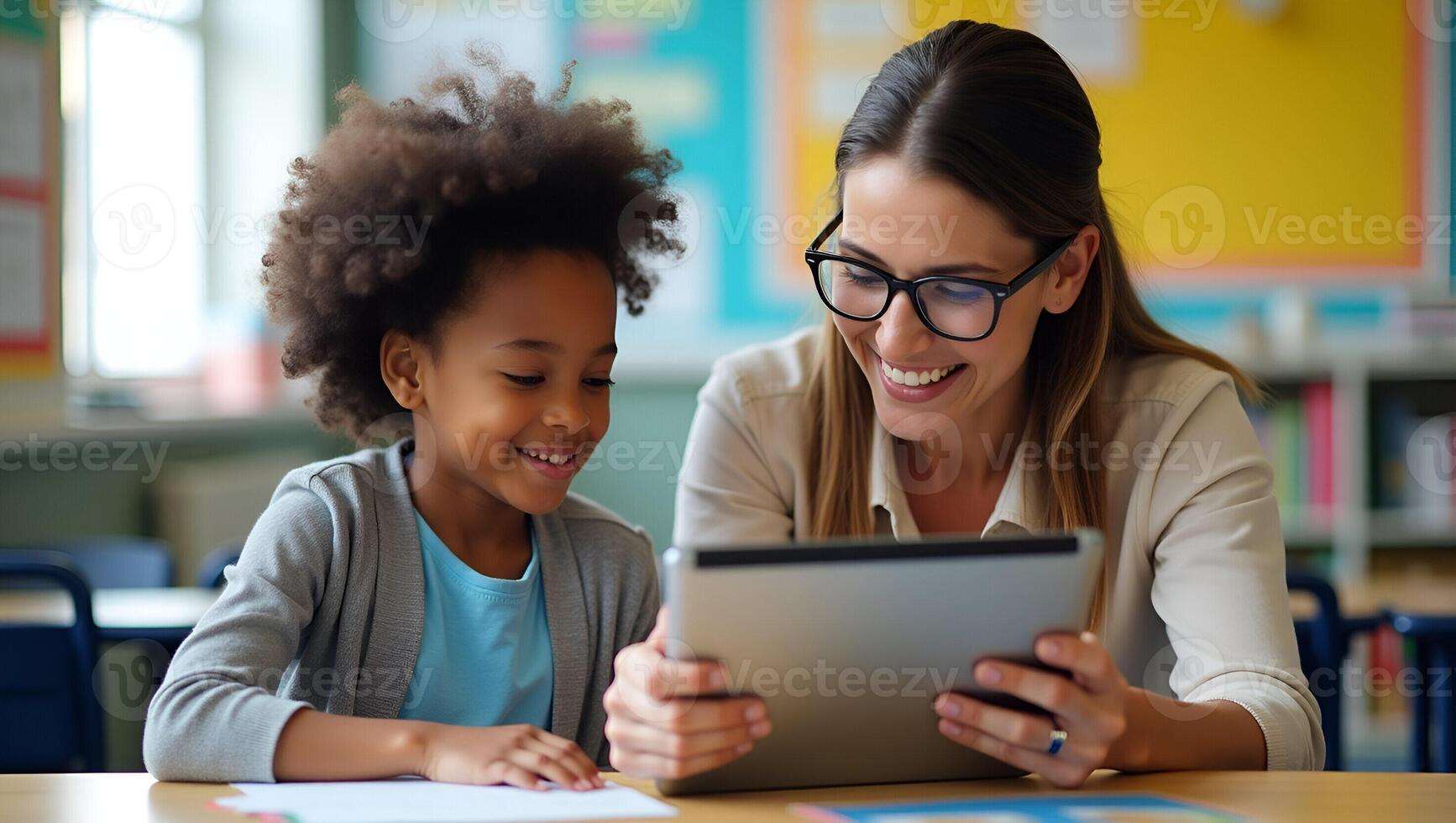 Experienced Female Teacher Aiding African American Student with Digital Tablet in Classroom Flat Cute Illustration for Educational Programs Realistic Set photo