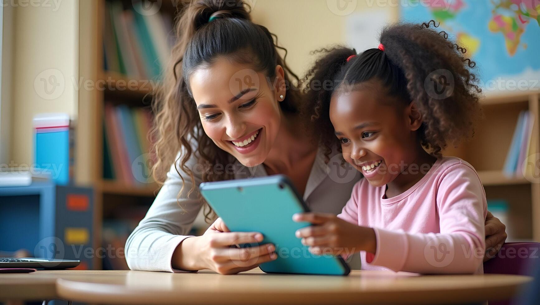 Experienced Female Teacher Aiding African American Student with Digital Tablet in Classroom Flat Cute Illustration for Educational Programs Realistic Set 2 photo