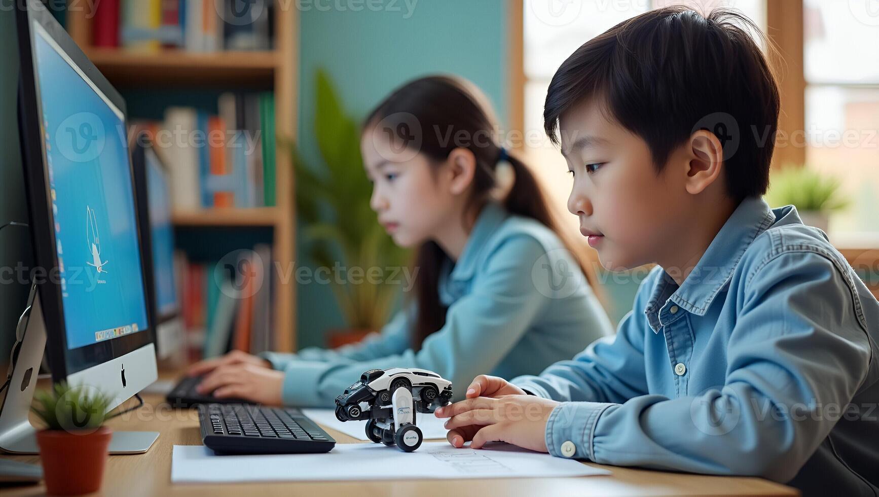 Asian Teenagers Engaged in Robotics Projects Building Robot Arms and Cars at Home with Computers and Coding for STEM Education Stock Photo Concept with Empty Space on the Left Realistic Set