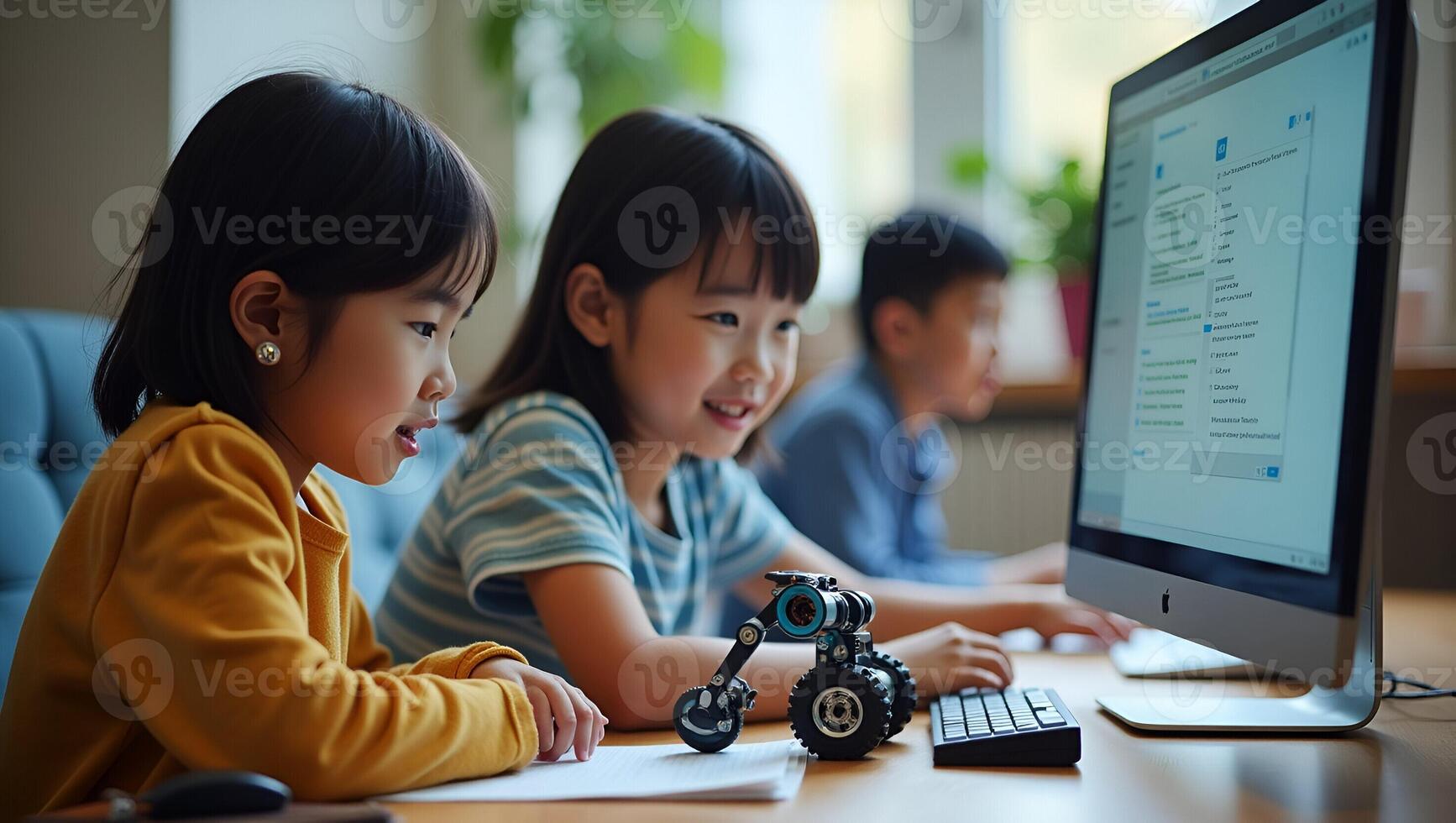 Asian Teenagers Engaged in Robotics Projects Building Robot Arms and Cars at Home with Coding and Technology for STEM Education Stock Photo Concept with Empty Space Realistic Set 2