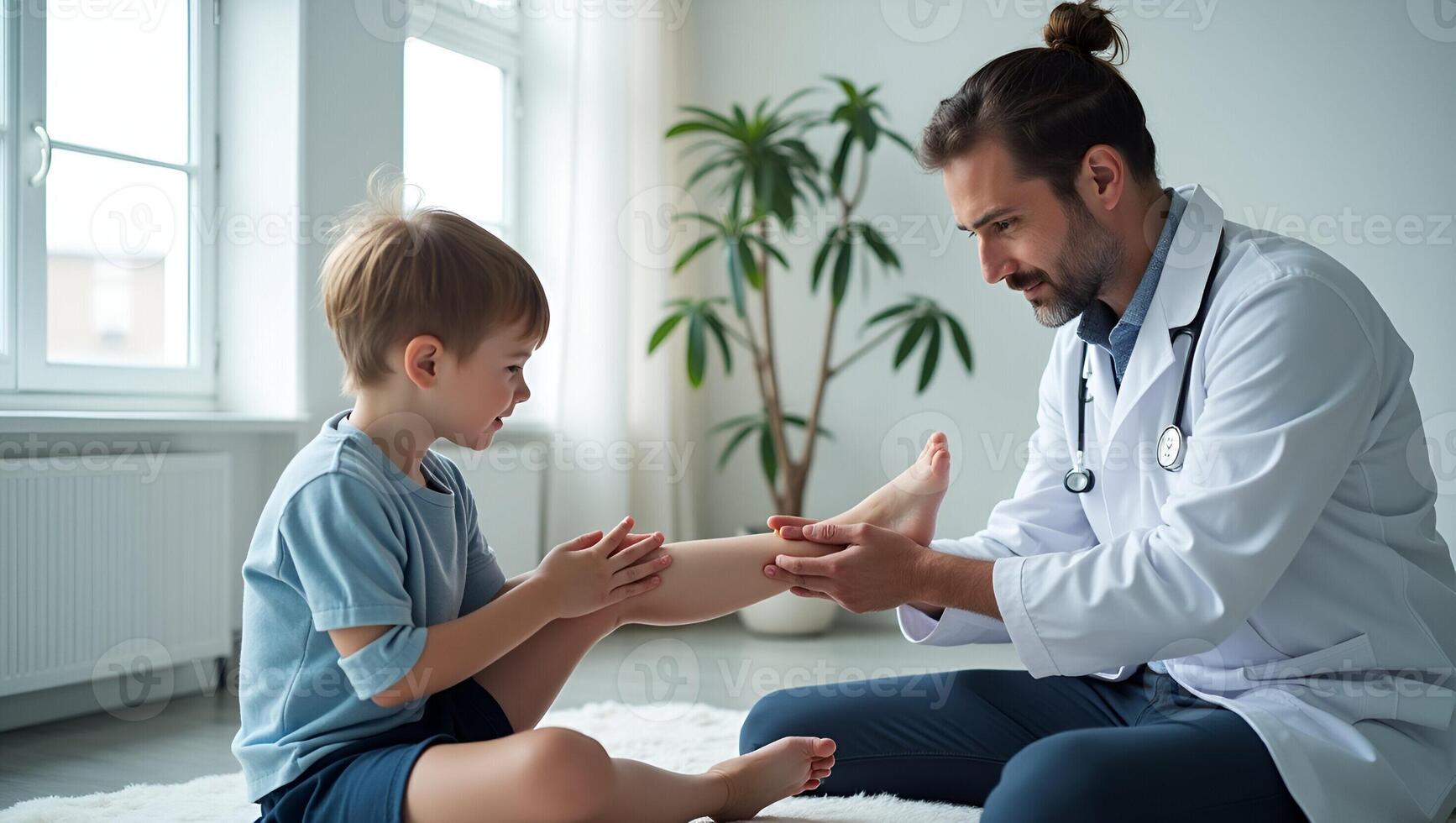 Professional orthopedist examining little patient leg clinic Patient physiotherapy physical exercises therapist concept as Professional orthopedist examining a young patients leg i Realistic Set 4 photo