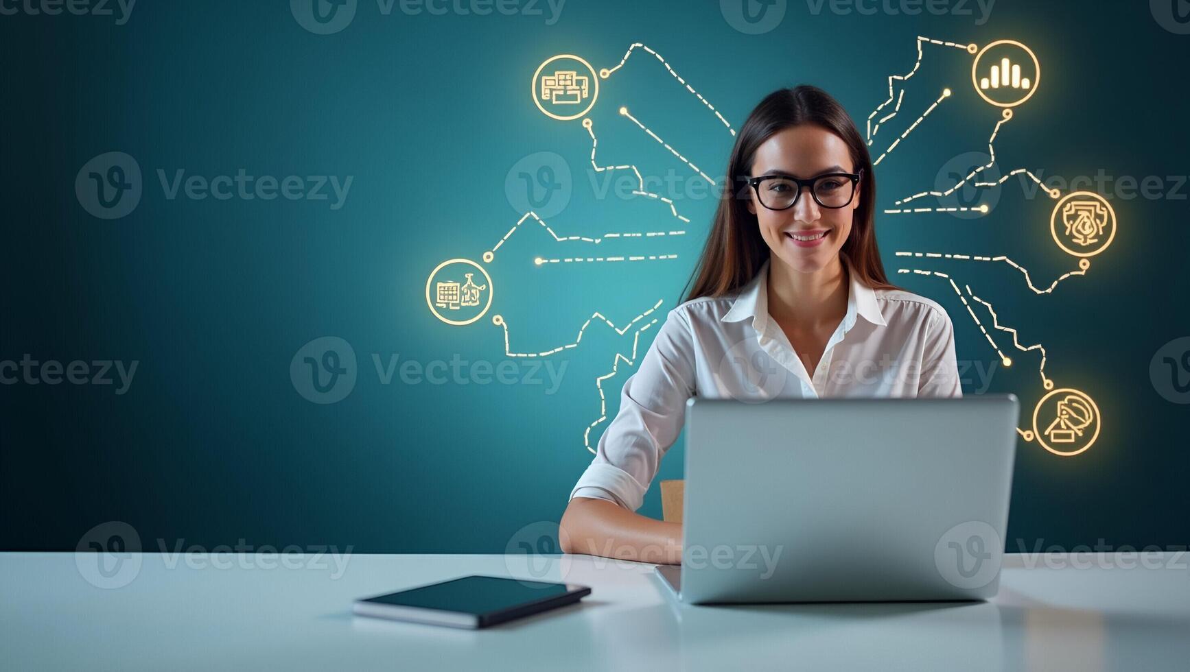 Streamline Recruitment and Enhance Efficiency HR Manager Using Laptop with HR Icons for Sustainable Business Success and Team Building Stock Photo Concept with Empty Space Realistic Set