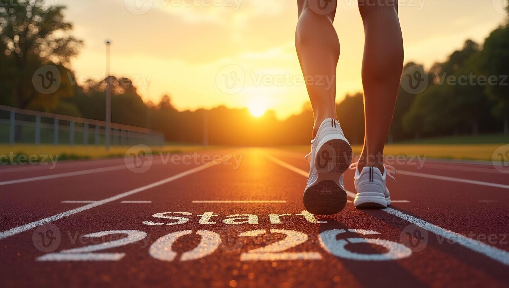 Athlete Woman Runner Prepares for New Year 2026 Embrace Challenges and Change on the Track at Sunset Health and Success Goals Concept with Start 2026 Realistic Set photo