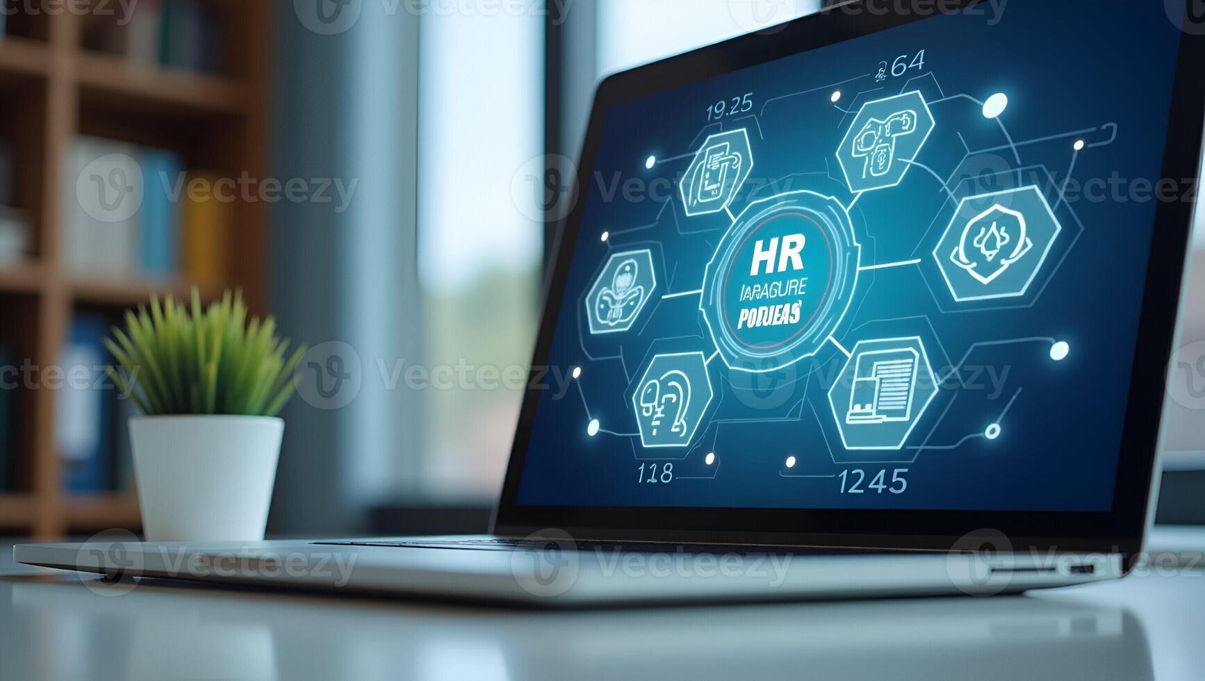 Streamline Recruitment and Enhance Efficiency HR Manager Using Laptop with HR Icons for Sustainable Business Success and Team Building Stock Photo Concept with Empty Space Realistic Set 2