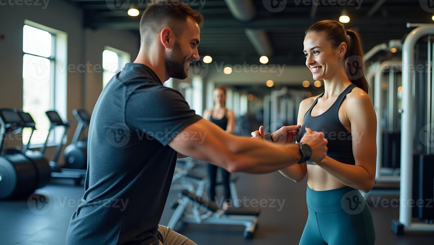 Empowering Women Personal Trainer Guiding Fitness Routines in a Sports Gym Highlighting Effective Gym Workouts and Training Activities with Space for Your Creative Touch Realistic Set photo