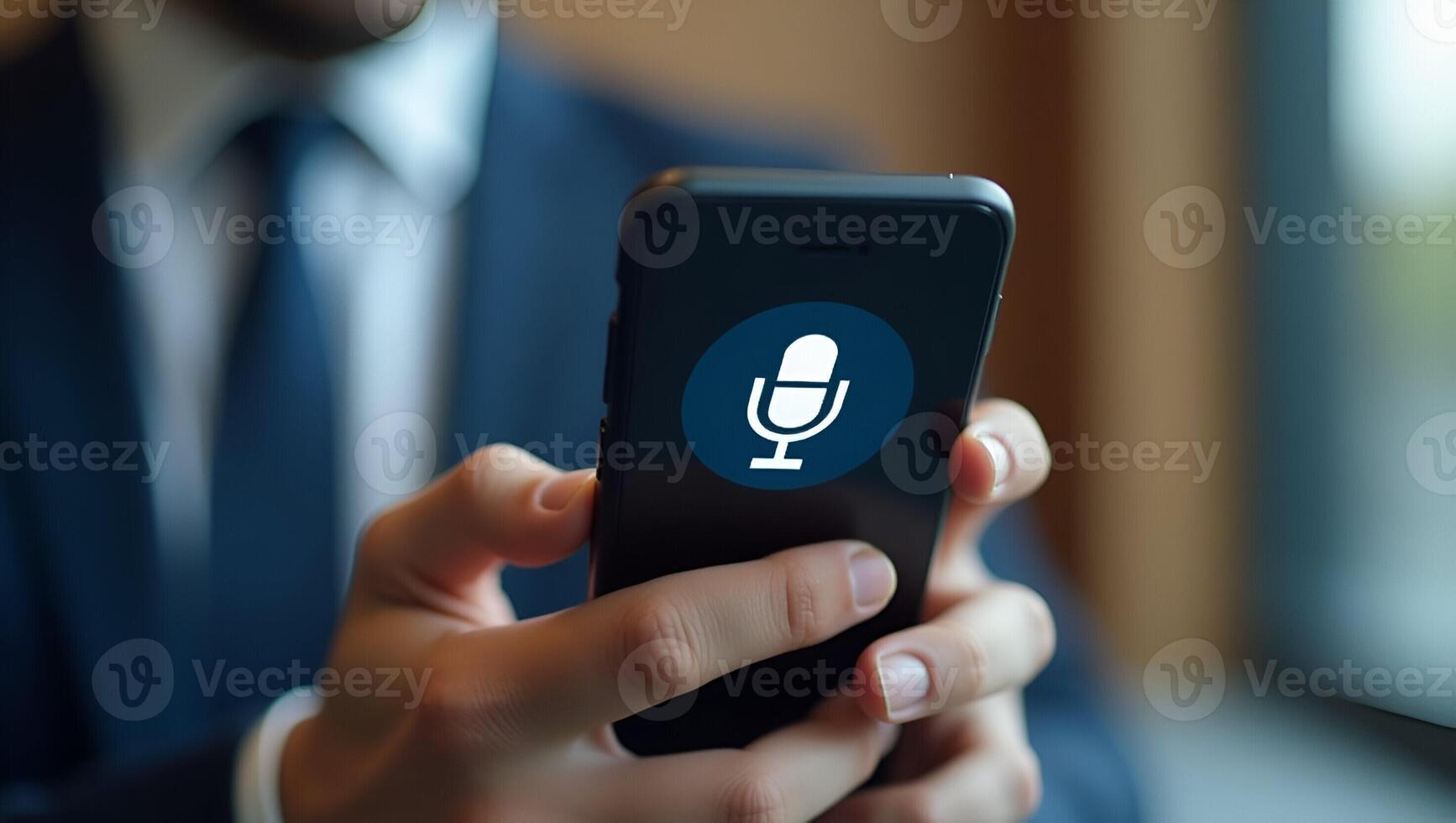 Flat Voice recording man hits microphone icon on smartphone captures audio merges AI for faster search fosters brand engagement synergy lens approach user convenience concept as Us Realistic Set photo