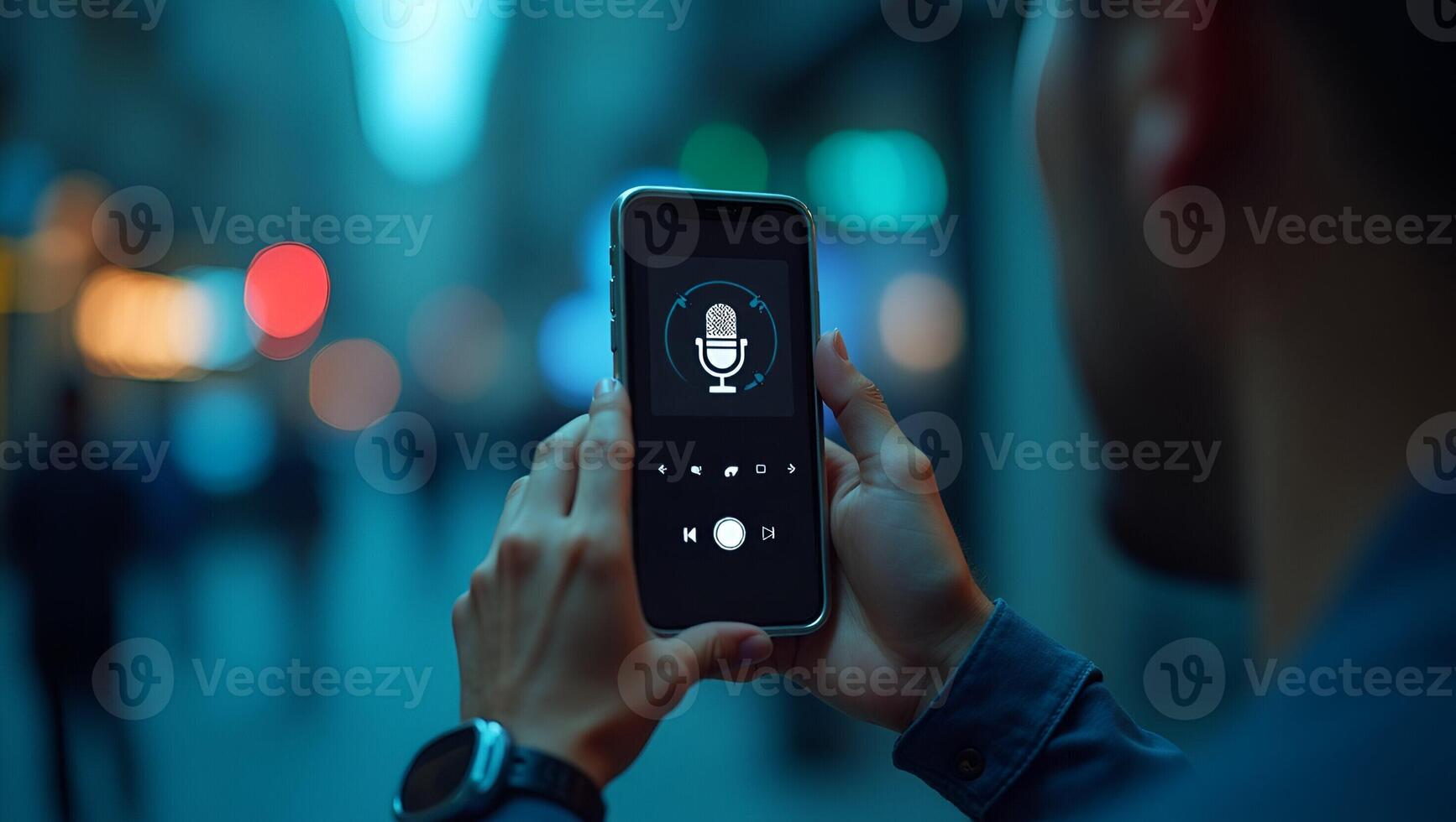 Flat Voice recording man hits microphone icon on smartphone captures audio merges AI for faster search fosters brand engagement synergy lens approach user convenience concept as Us Realistic Set 2 photo