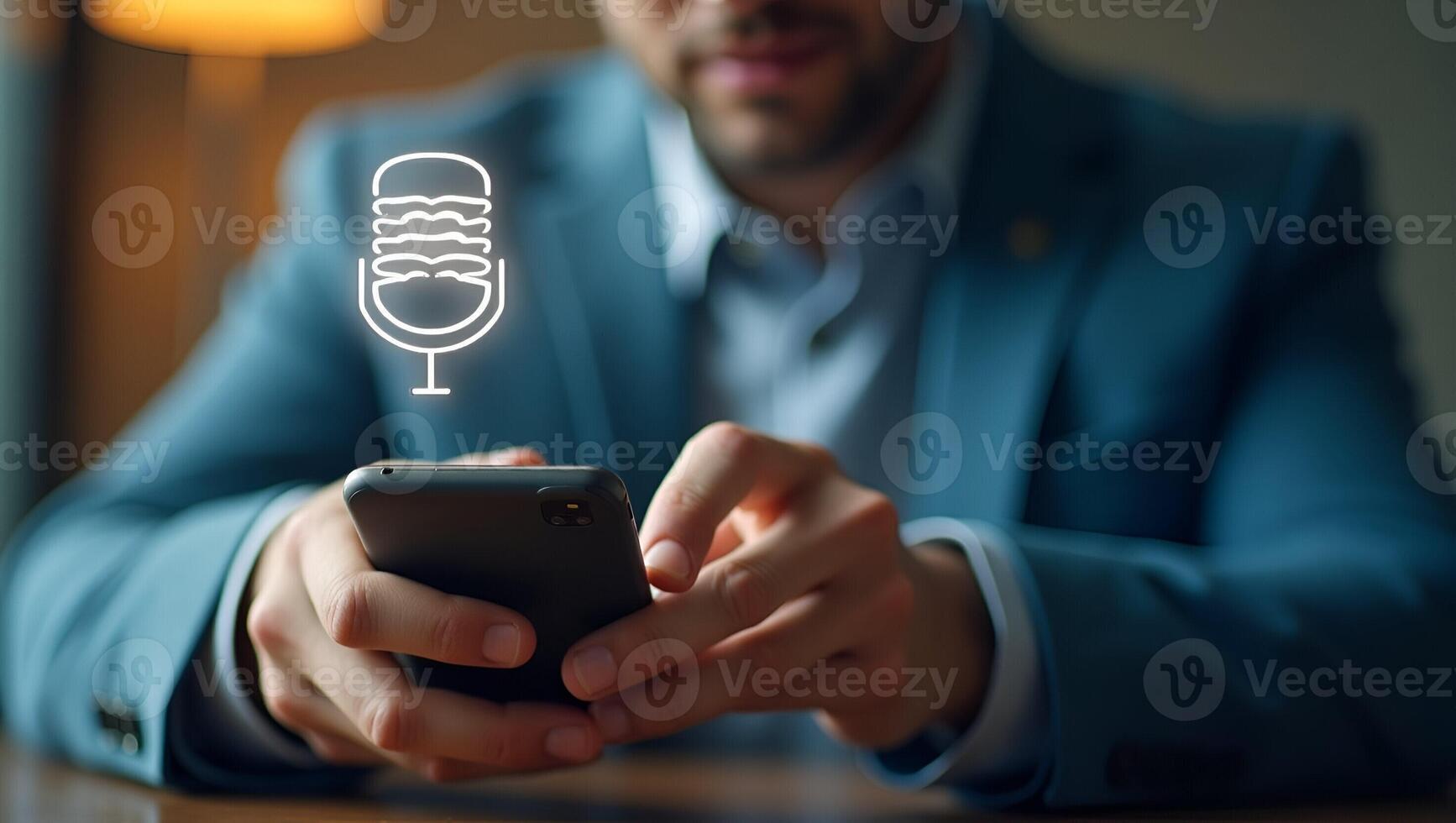 Flat Voice recording man hits microphone icon on smartphone captures audio merges AI for faster search fosters brand engagement synergy lens approach user convenience concept as Us Realistic Set 4 photo