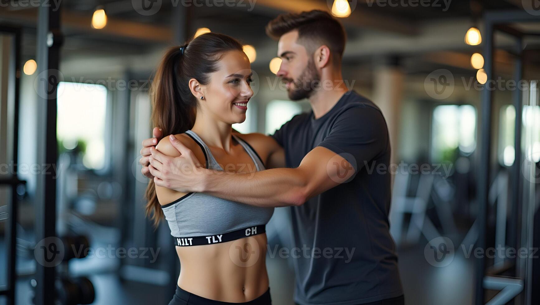 Flat Personal trainer assists young woman in gym fosters healthy body synergy lens approach aligns posture encourages positivity brand reinforcement elevates fitness standard conce Realistic Set 4 photo
