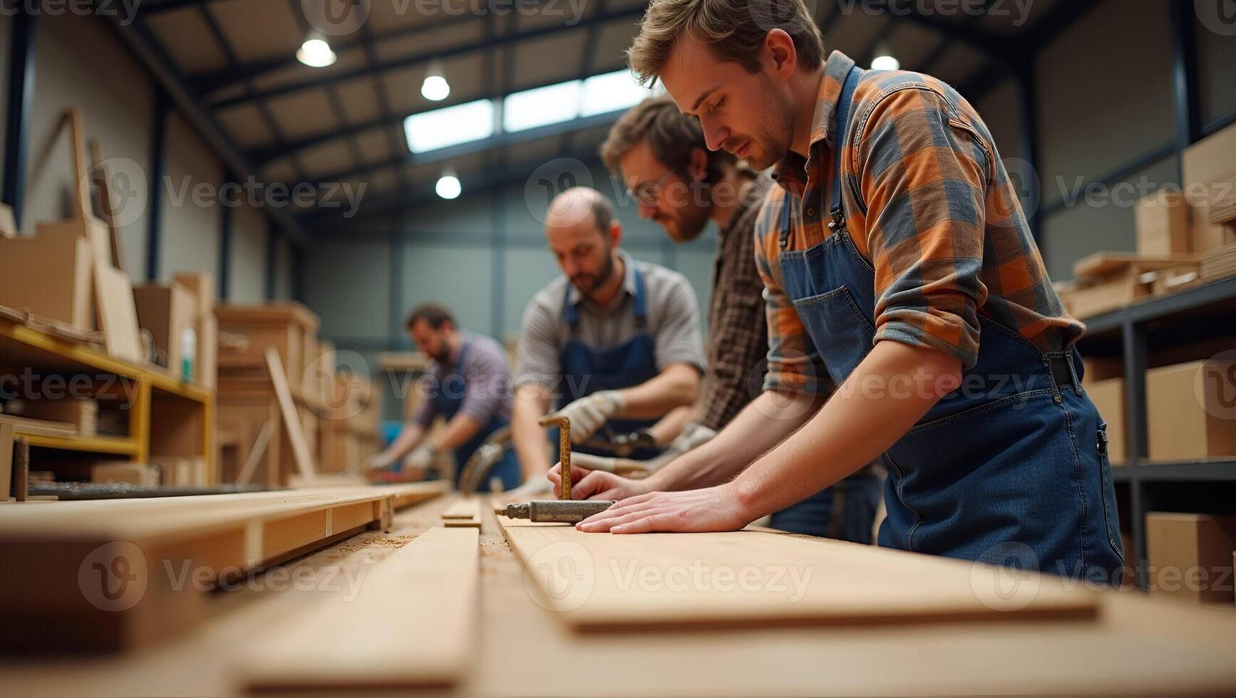 Skilled Professional Carpenters Creative Woodworking Team Crafting Unique Designs with Advanced Tools for Efficient and Aesthetic Wooden Crafts Illustration Realistic Set photo