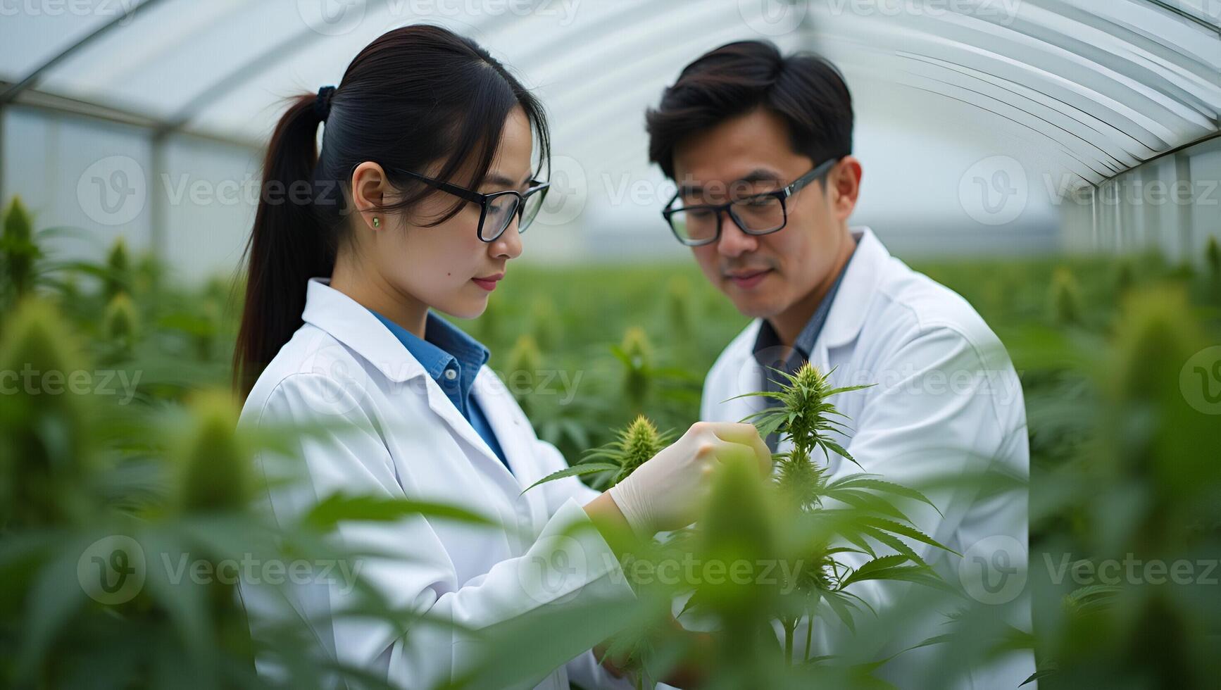 Portrait of Asian woman and man marijuana researchers checking cannabis plantation in farm representing cannabis business and alternative medicine concept concept as Asian woman a Realistic Set 4 photo