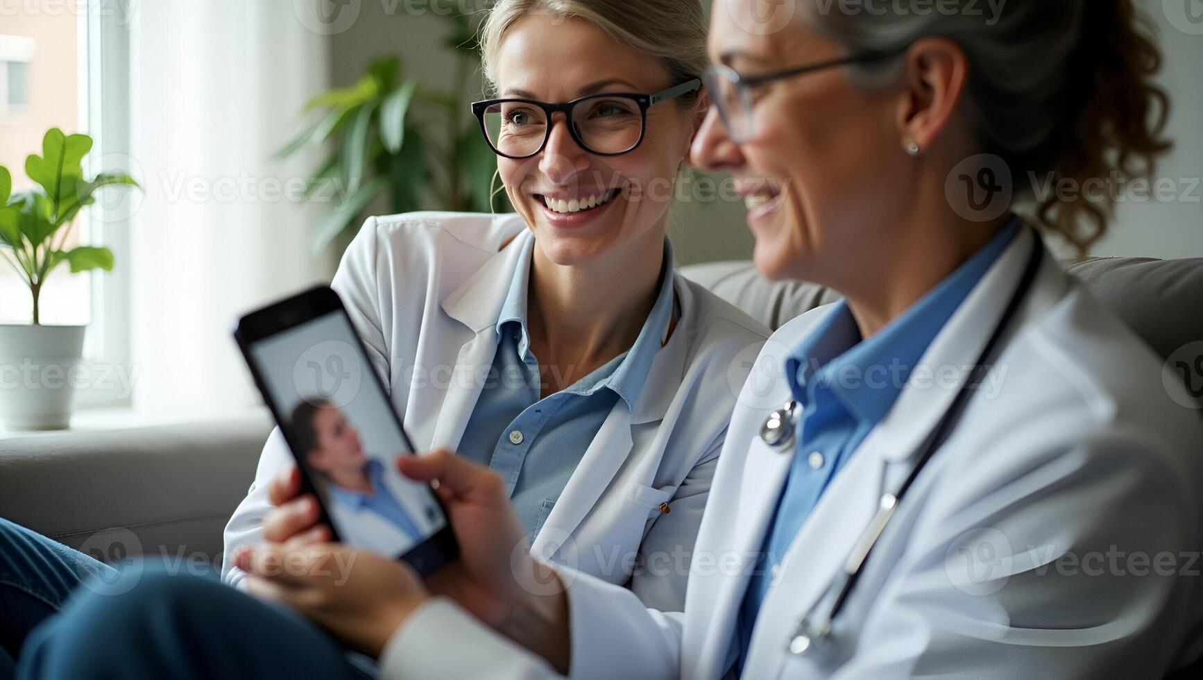 Patient consulting with doctor via smartphone from home illustrating telemedicine and remote healthcare services concept as Patient consulting with doctor via smartphone from home Realistic Set photo
