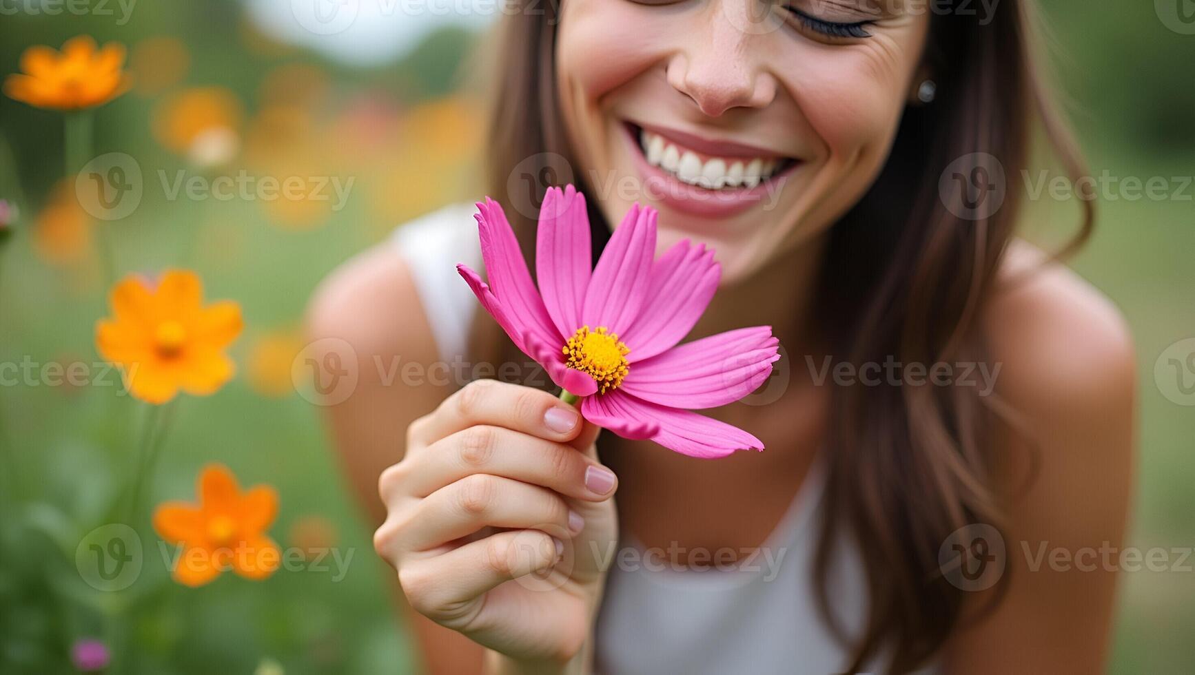 Close up of cheerful woman smelling cosmos flower in garden illustrating joy and connection with nature in portrait photography concept as Close up of cheerful woman smelling cosm Realistic Set 3 photo