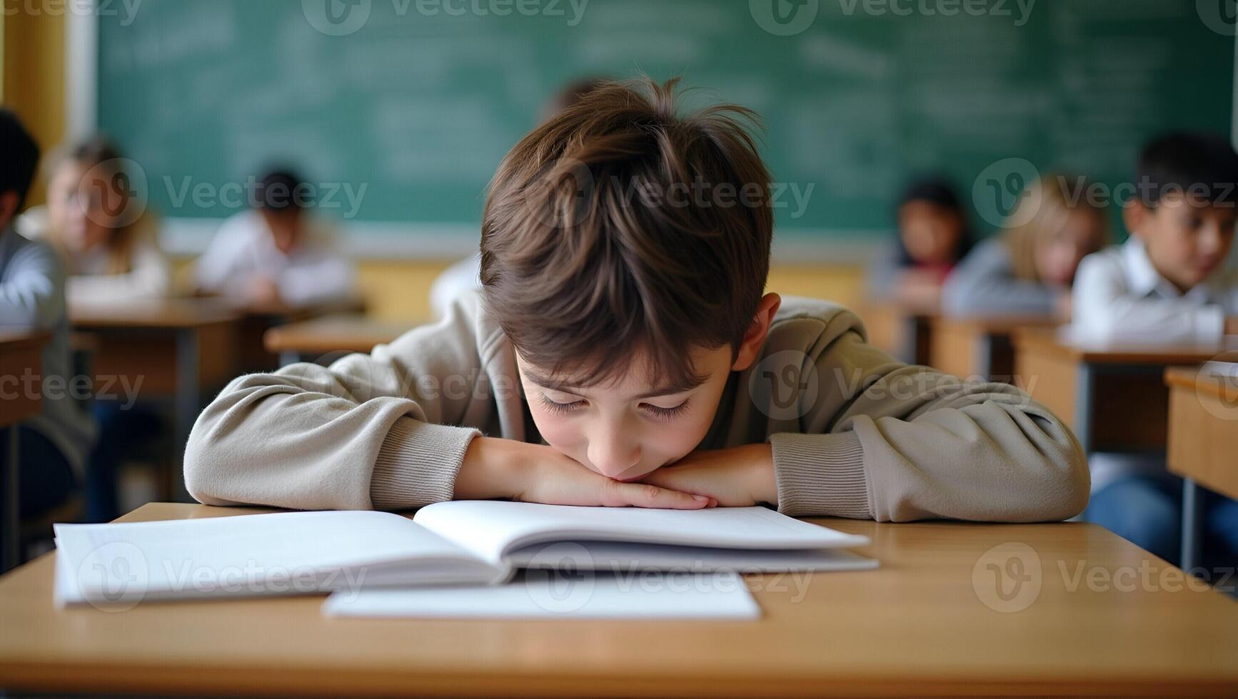 Boy Sleeping on Books in Classroom A Visual Representation of Student Fatigue and Study Environment in Education Stock Photo Concept with Empty Space for Text Realistic Set 2