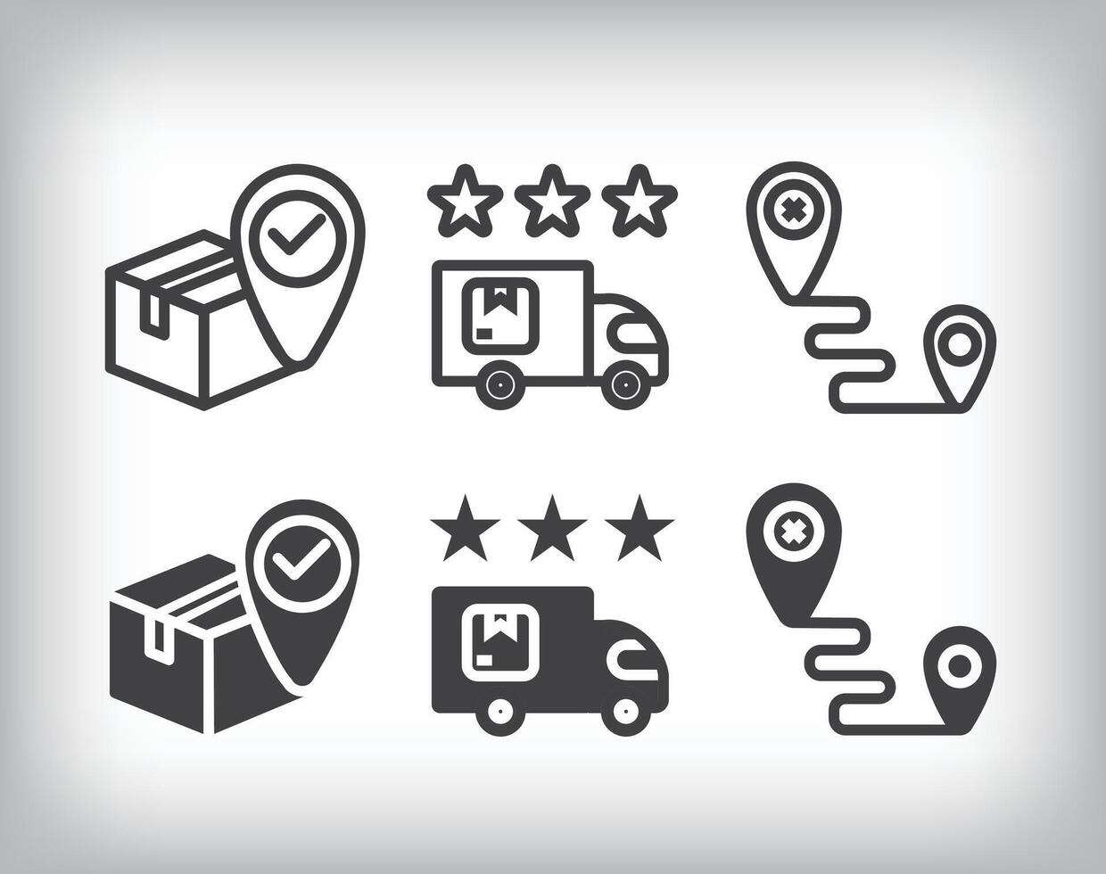 Cargo location, starred delivery and go to location. Simple linear and flat delivery icon set. vector