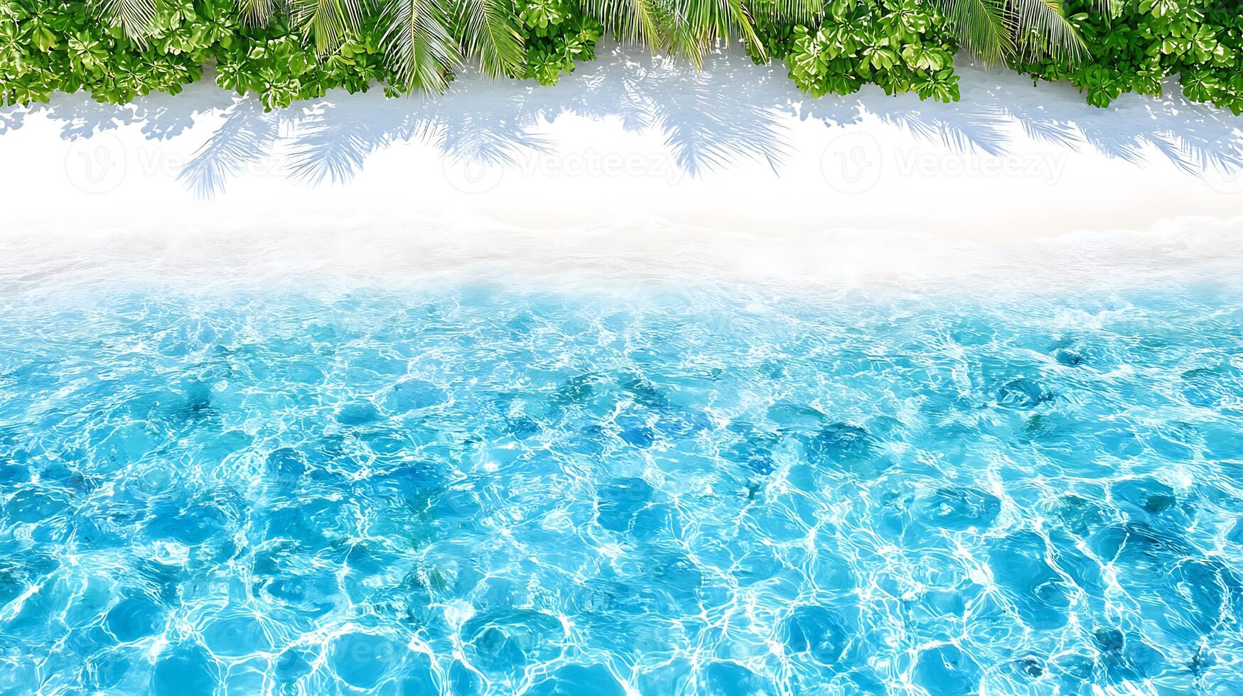 Tropical Beach Scene Overhead View of Turquoise Water White Sand and Lush Green Palm Trees photo