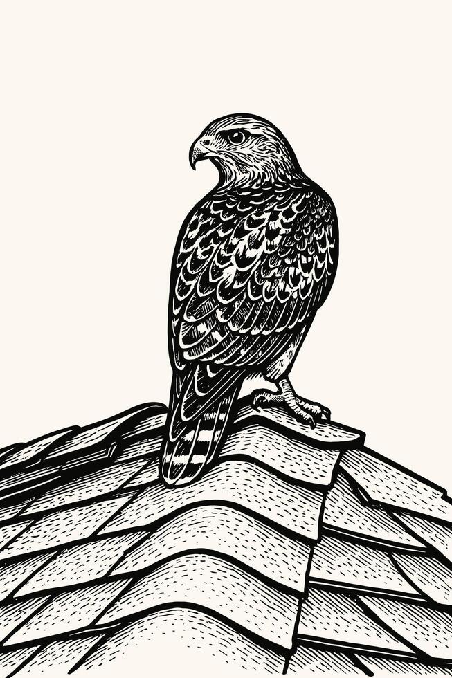 Hawk Perching on Shingled Roof Woodcut Style Illustration Artwork vector