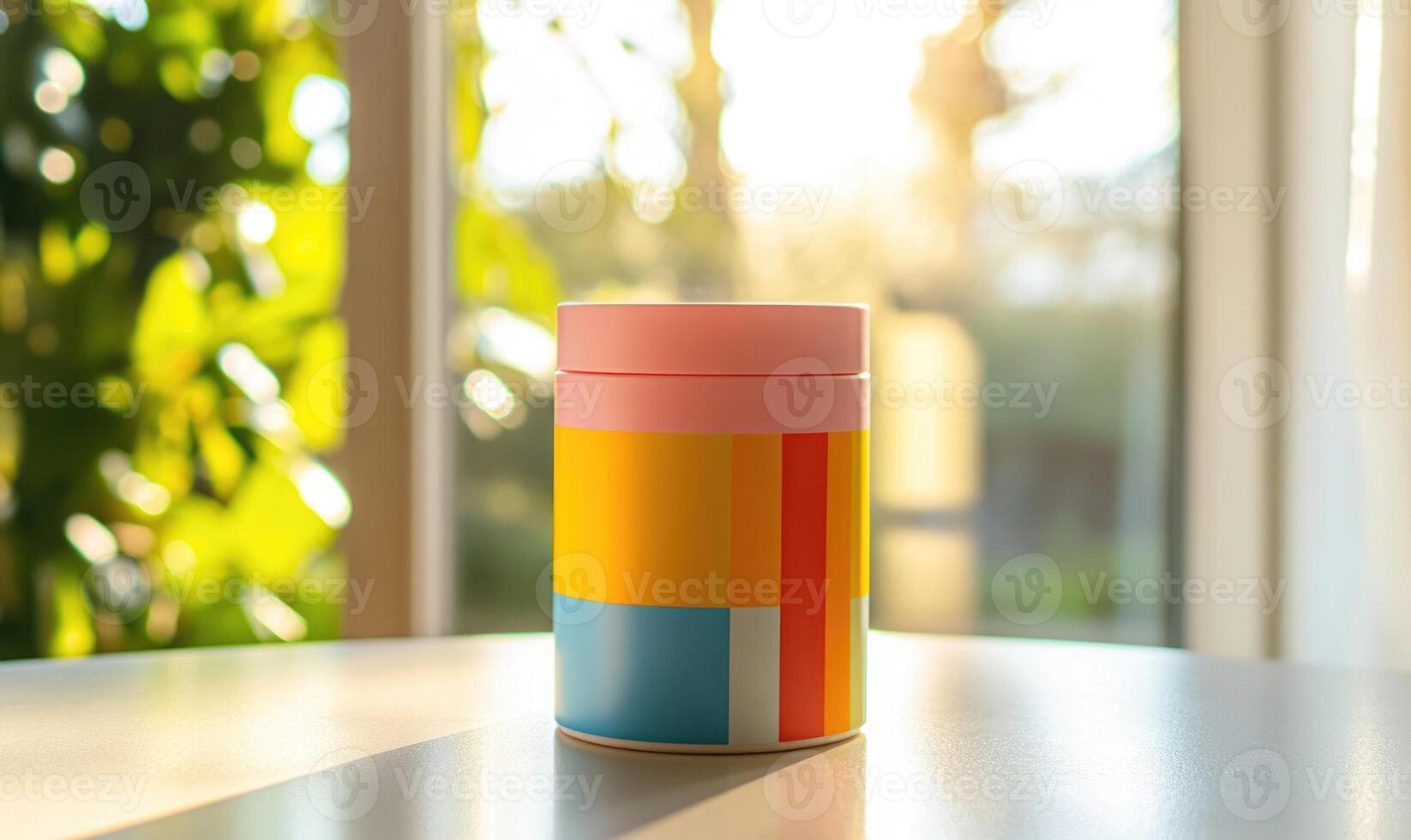 A colorful tin is sitting on a table photo